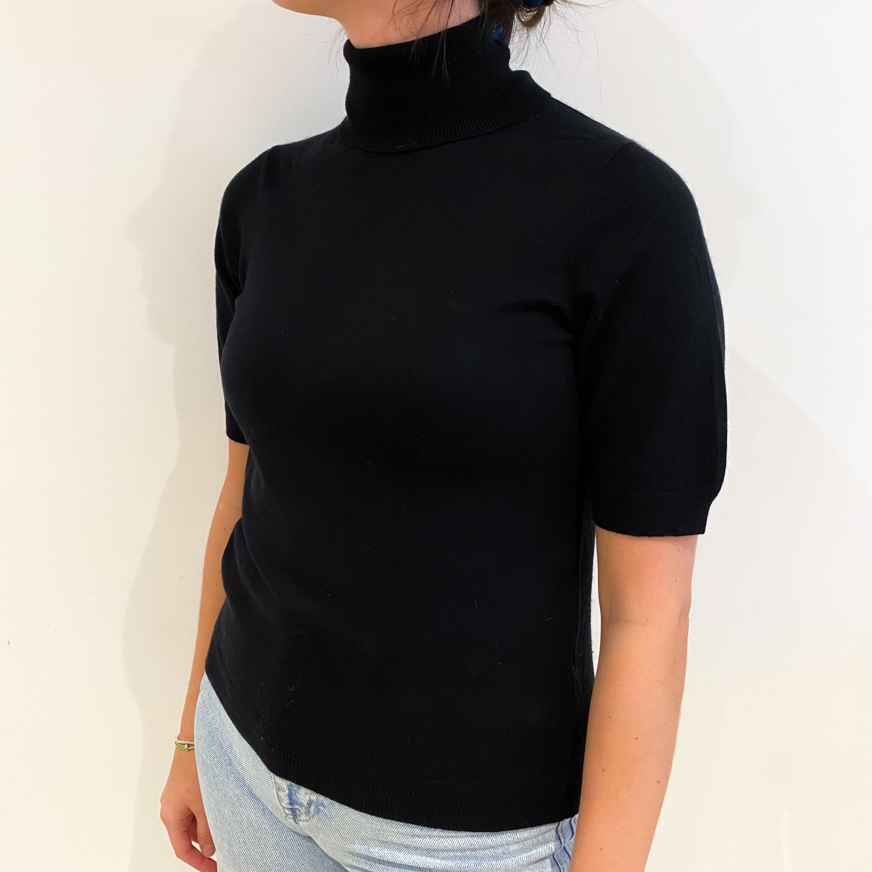 Black Cashmere Short Sleeved Polo Neck Jumper Small