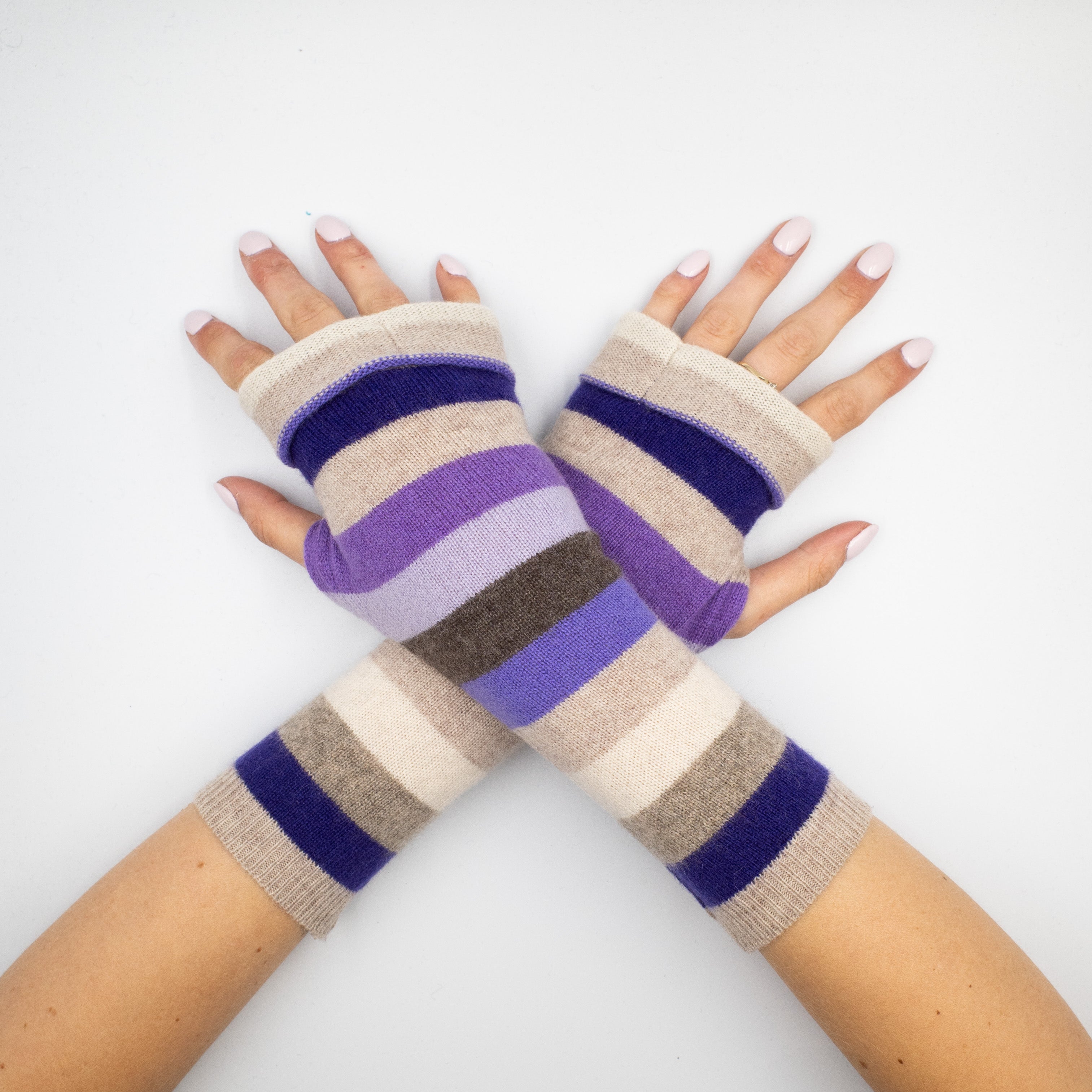 Purple and Fawn Striped Fingerless Gloves