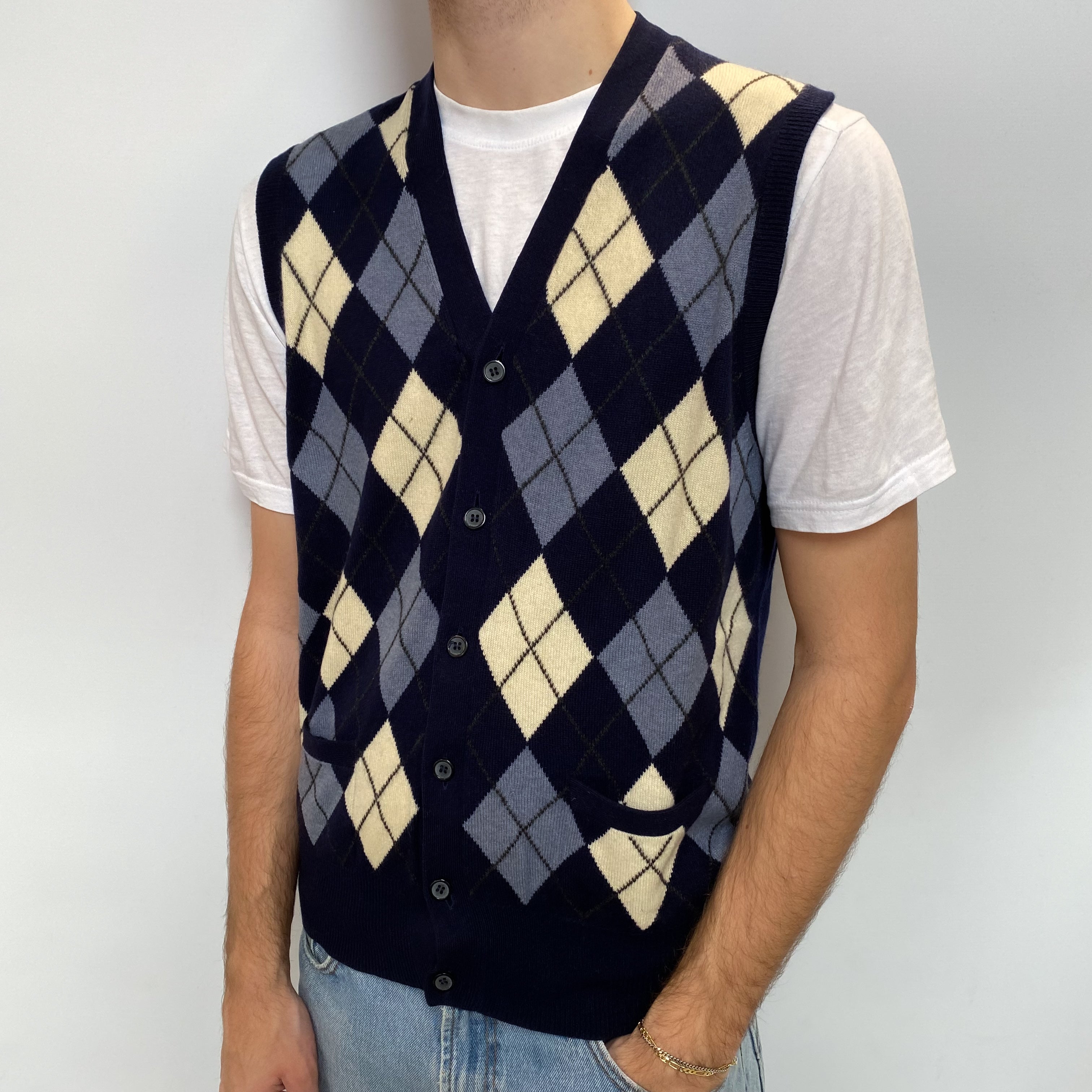 Men's Navy Argyle Cashmere V Neck Sleeveless Cardigan Large