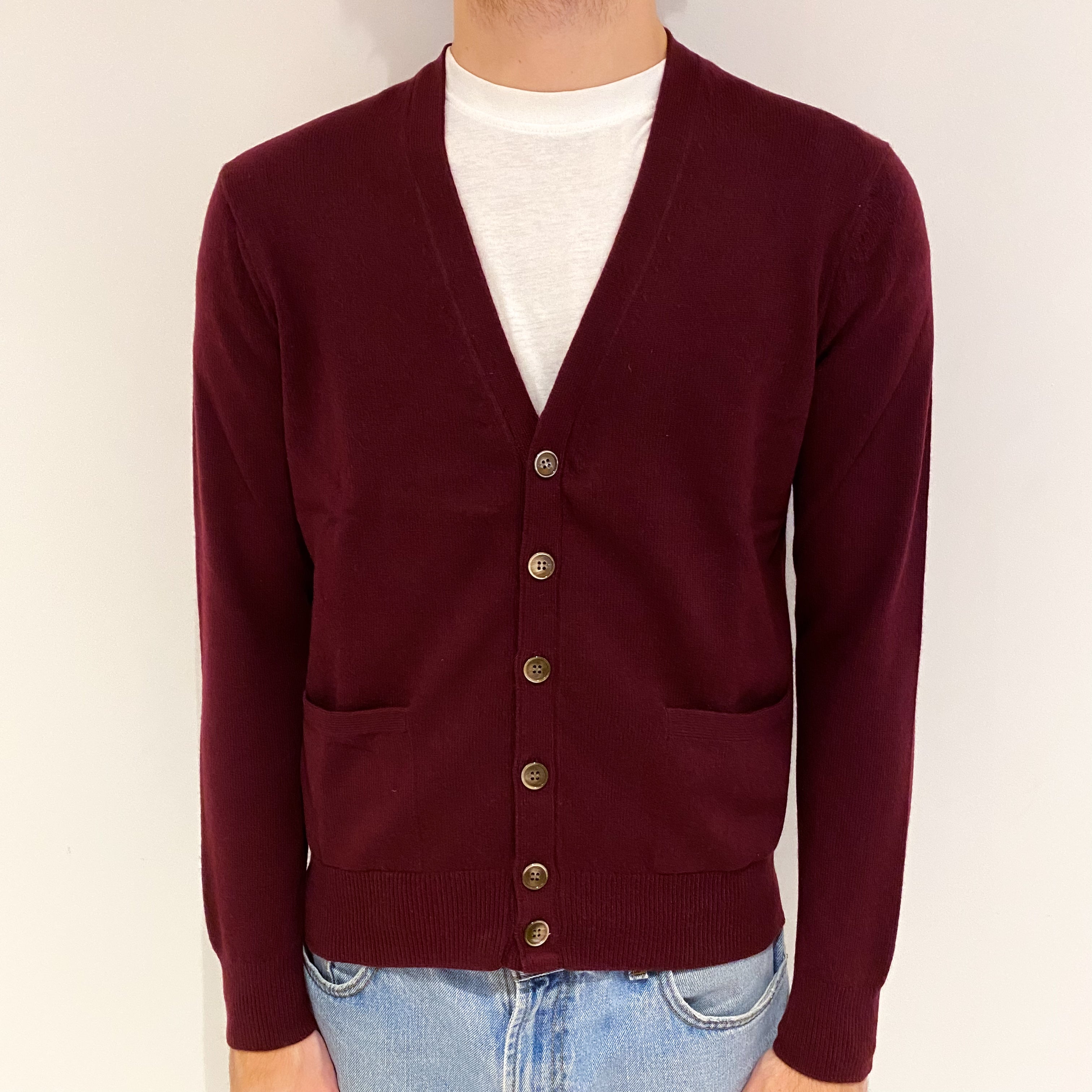 Men's Wine Red Cashmere V Neck Cardigan Medium