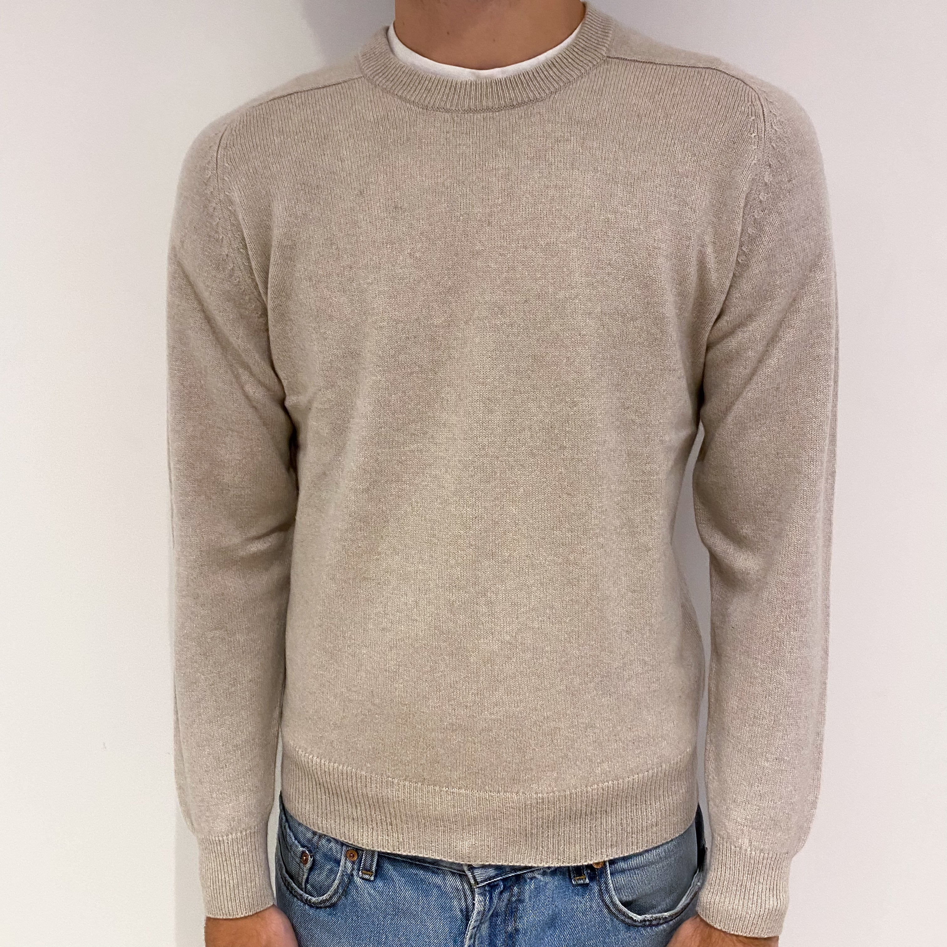 Men's Oatmeal Beige Cashmere Crew Neck Jumper Large