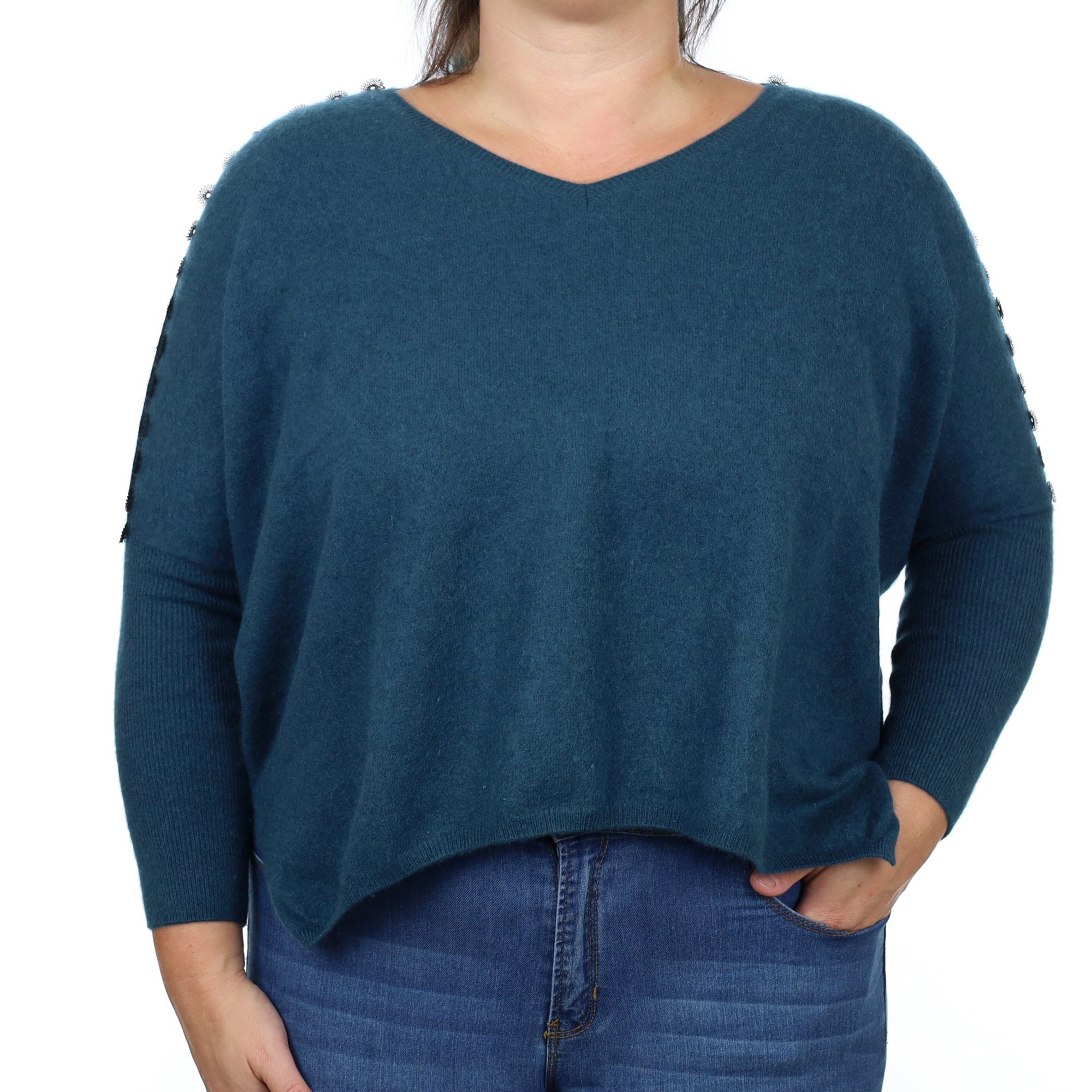 Teal Blue Cashmere V Neck Jumper Large