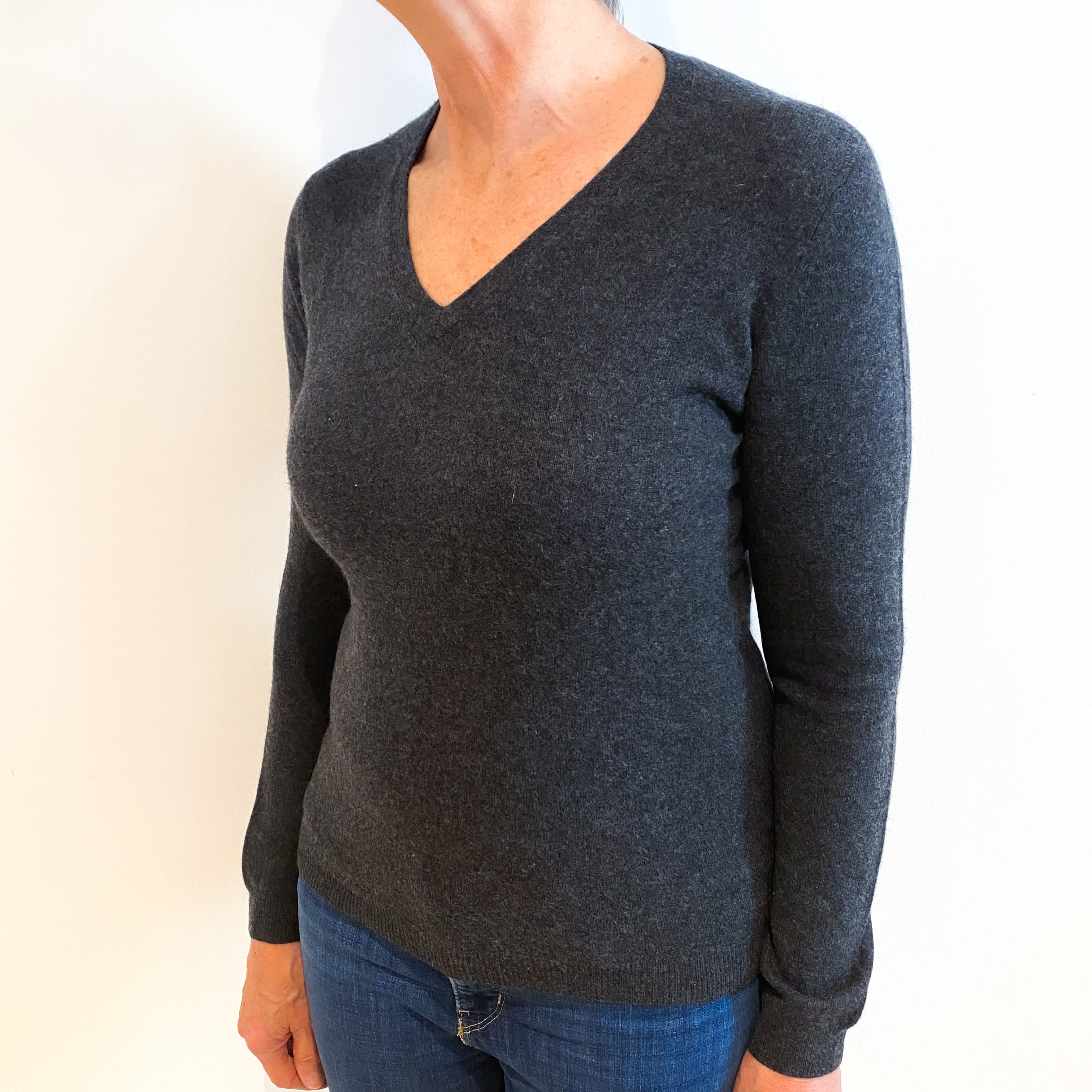 Charcoal Grey Cashmere V Neck Jumper Medium