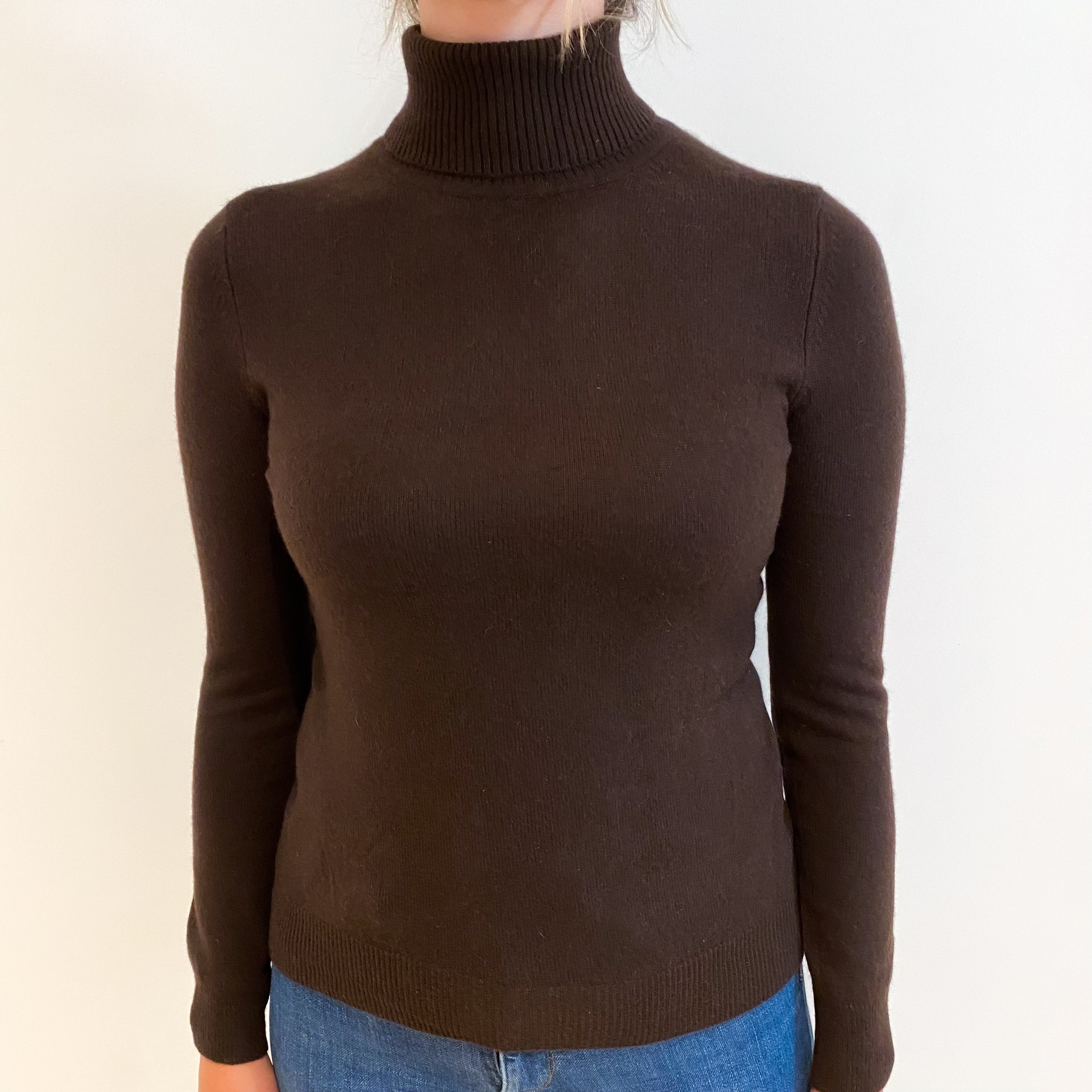 Chocolate Brown Cashmere Polo Neck Jumper Small