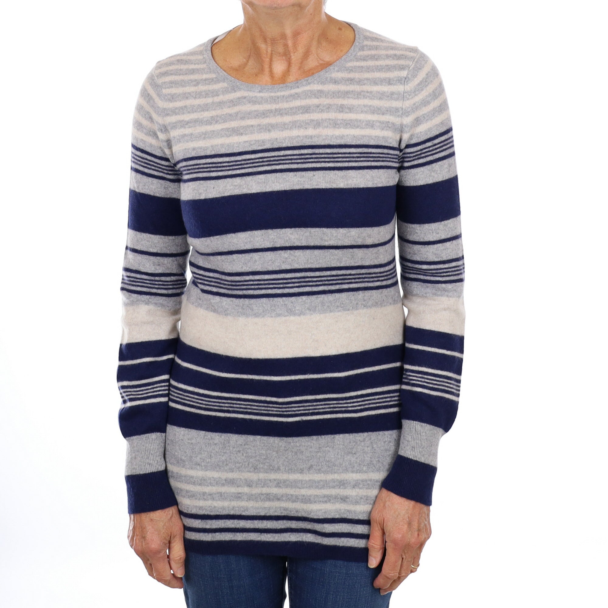 Navy and Grey Stripe Cashmere Crew Neck Jumper Medium