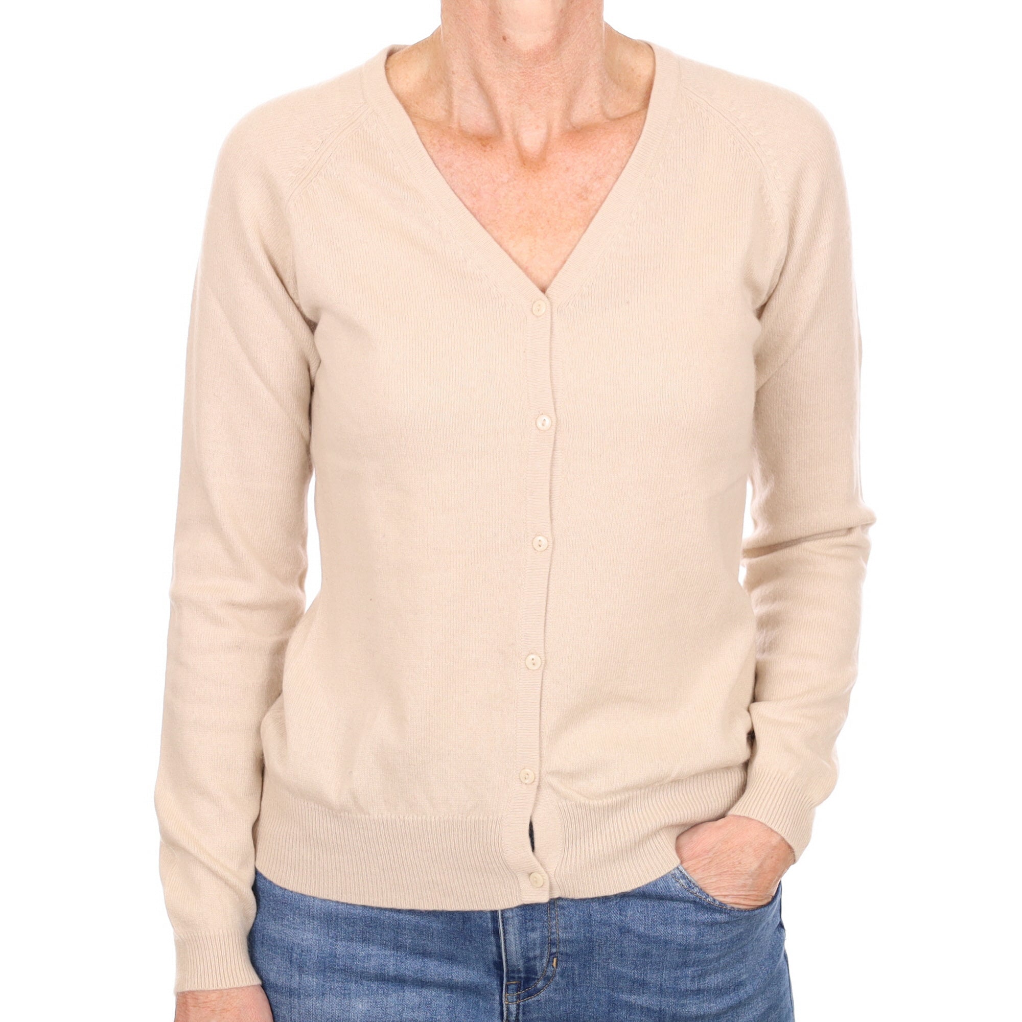 Soft Beige Cashmere V Neck Cardigan Small