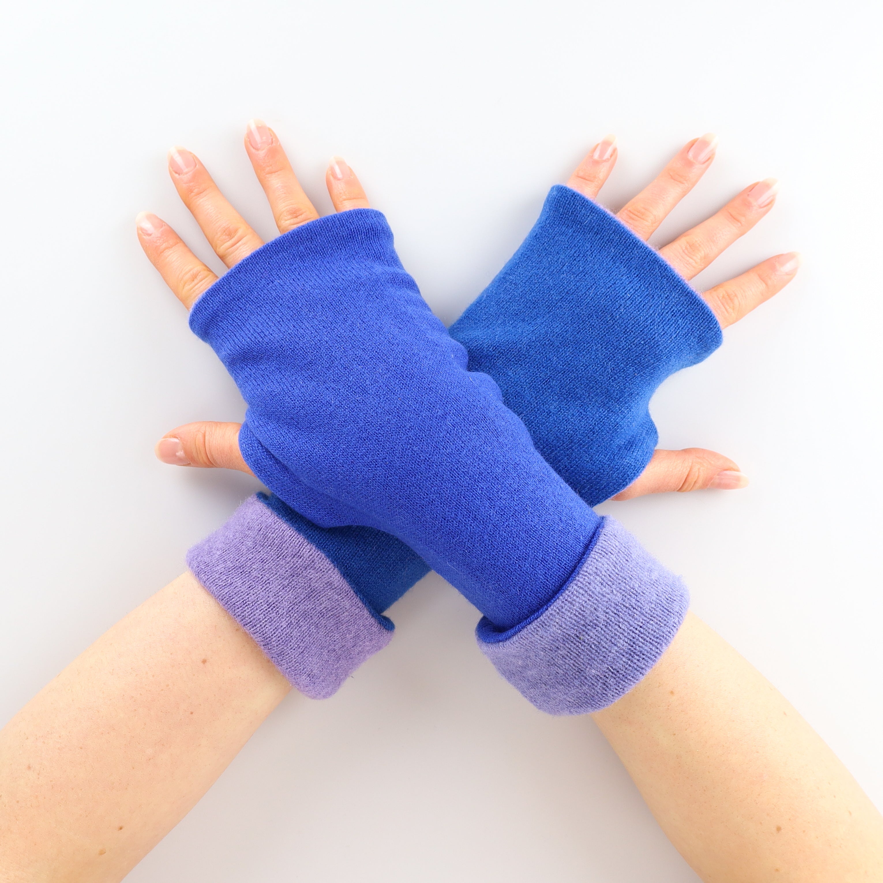 Royal Blue and Dusky Purple Reversible Cashmere Fingerless Gloves