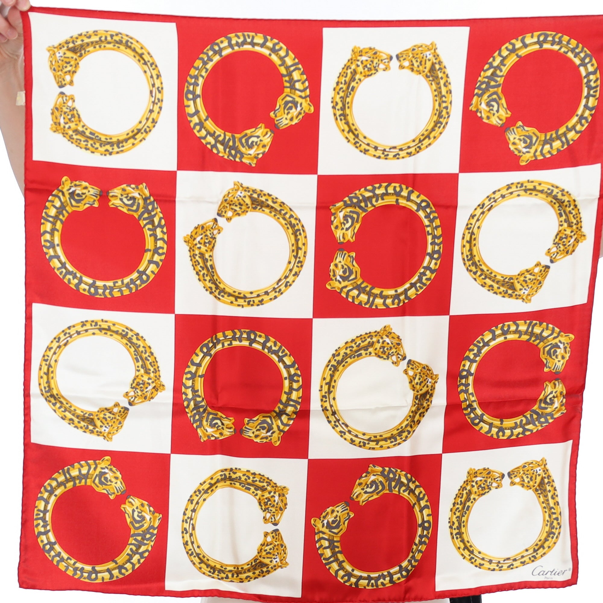 Brand New Boxed Cartier Red and White Silk Scarf