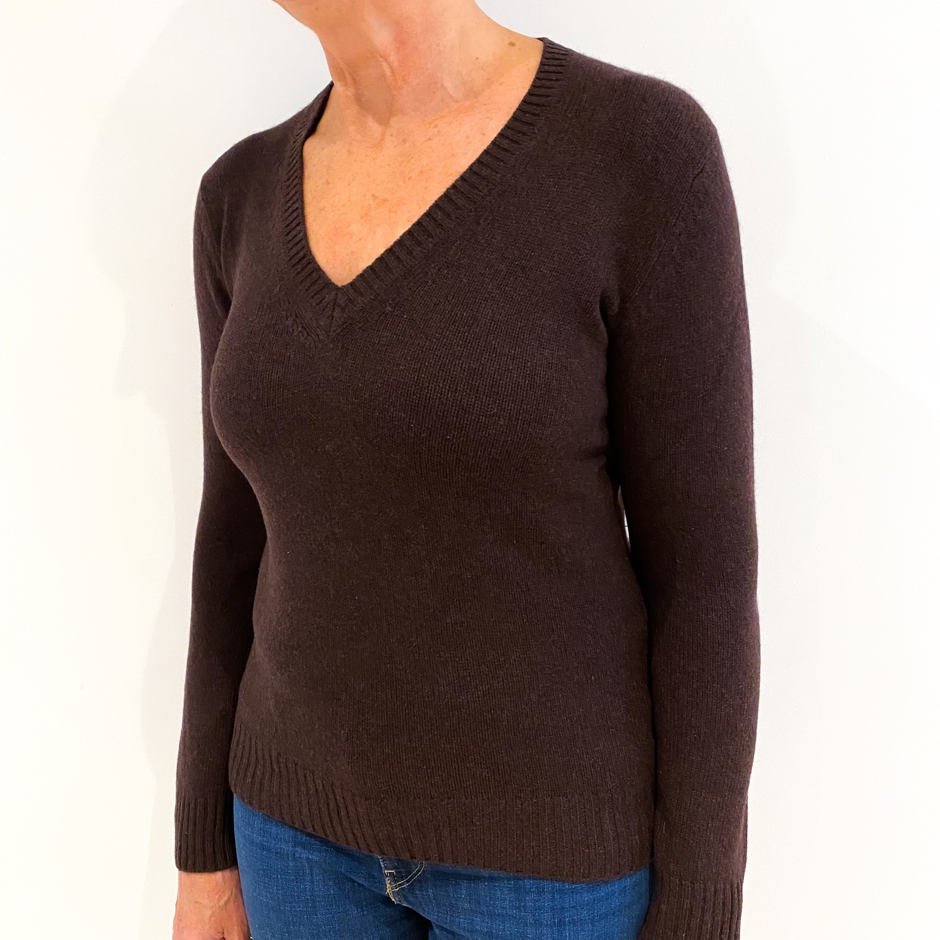 Chocolate Brown Cashmere V-Neck Jumper Medium