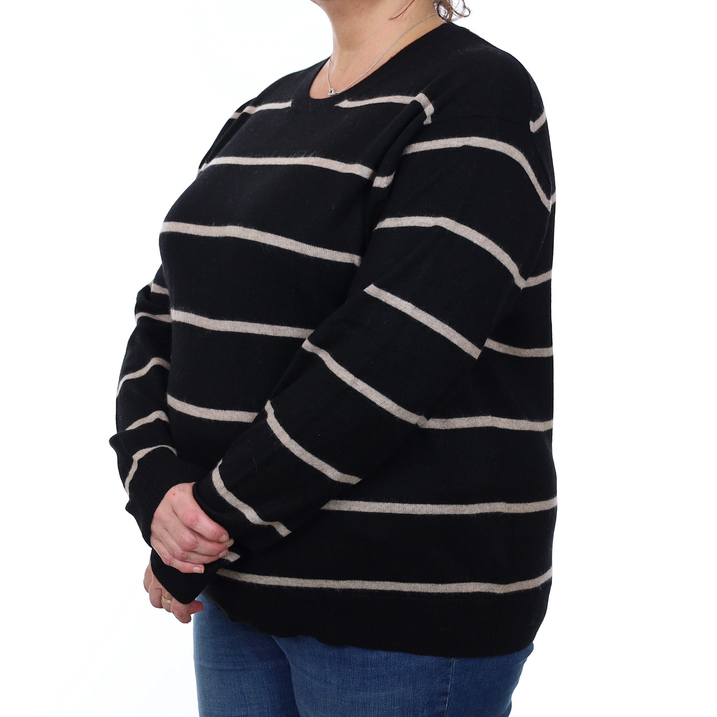 Black and Fawn Striped Cashmere Crew Neck Jumper 3XL