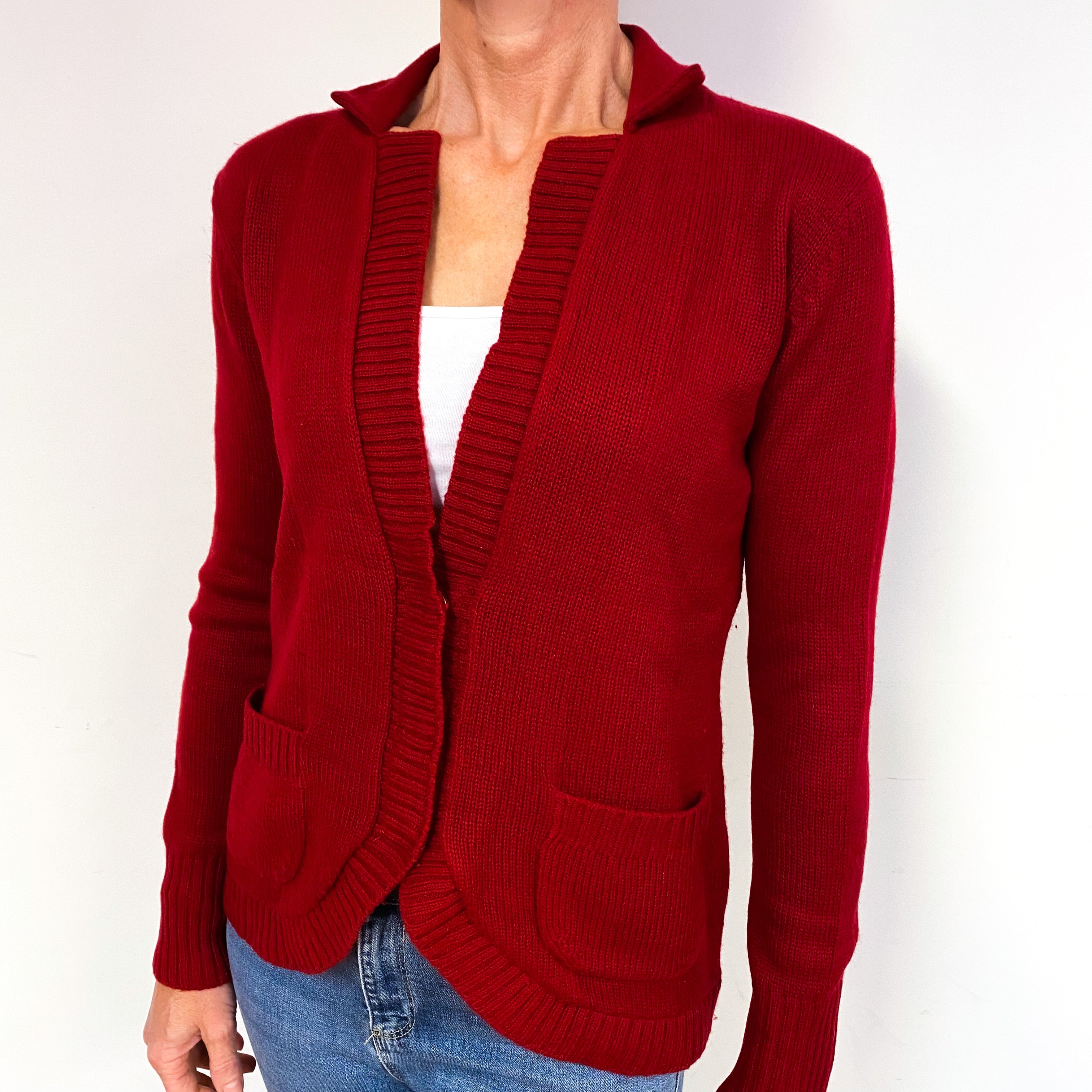 Garnet Red Cashmere Collared Cardigan with Pockets Medium