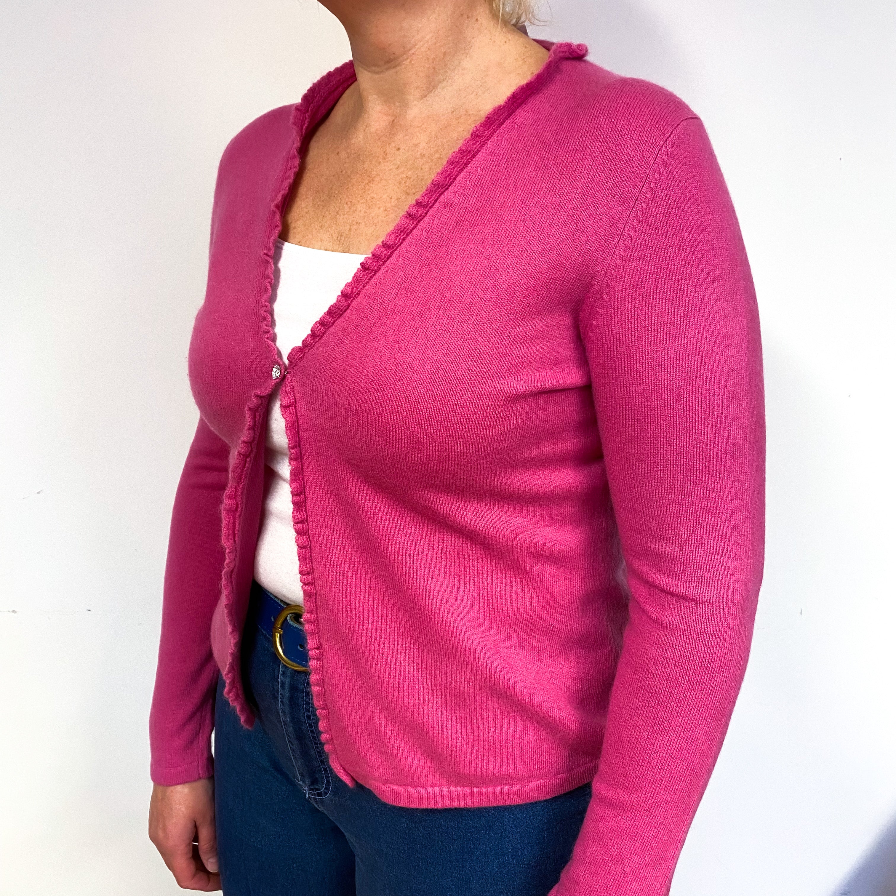 Tulip Pink Frill Trimmed Cashmere V-Neck Cardigan Large