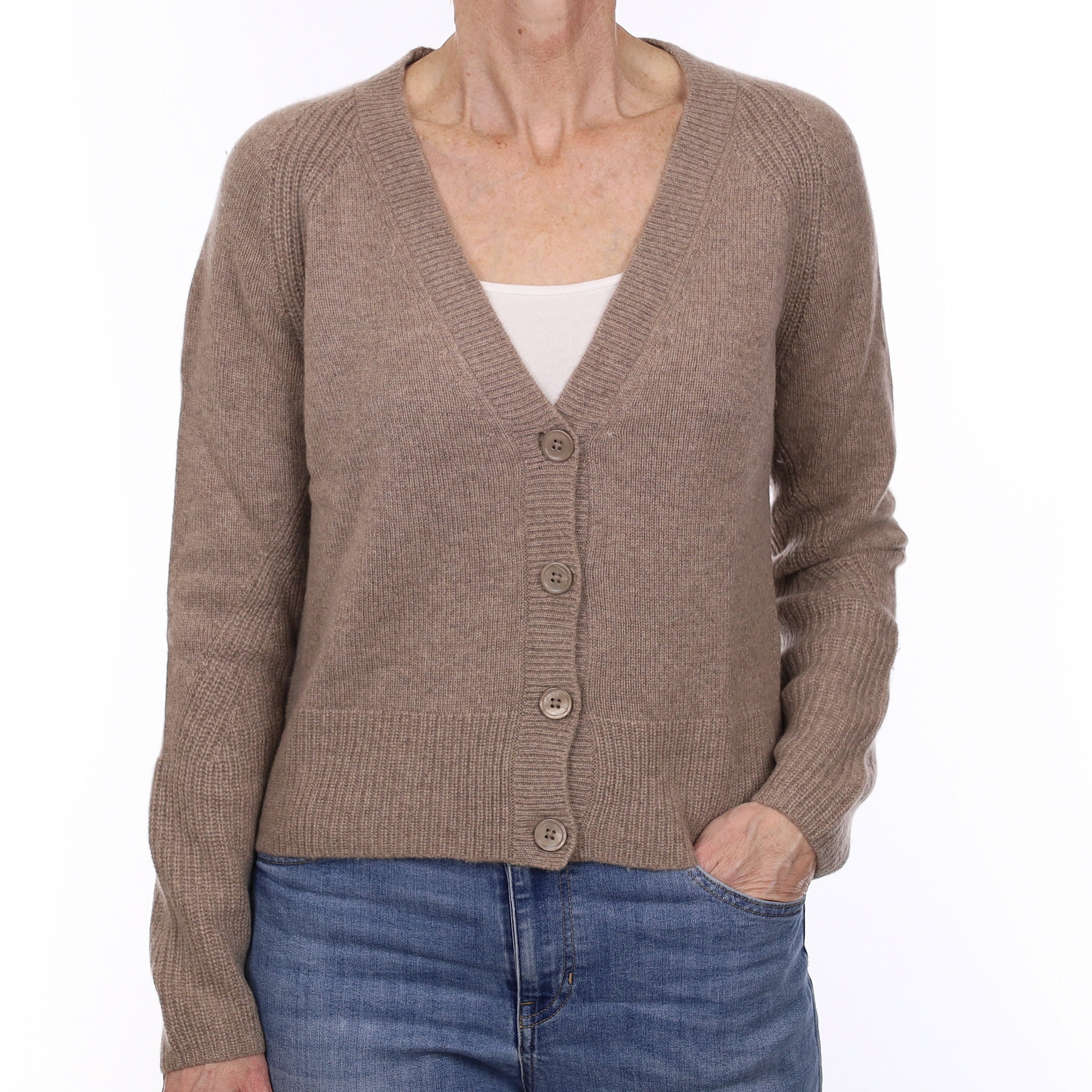 Mink Brown Heavy Knit Cashmere V Neck Cardigan Small