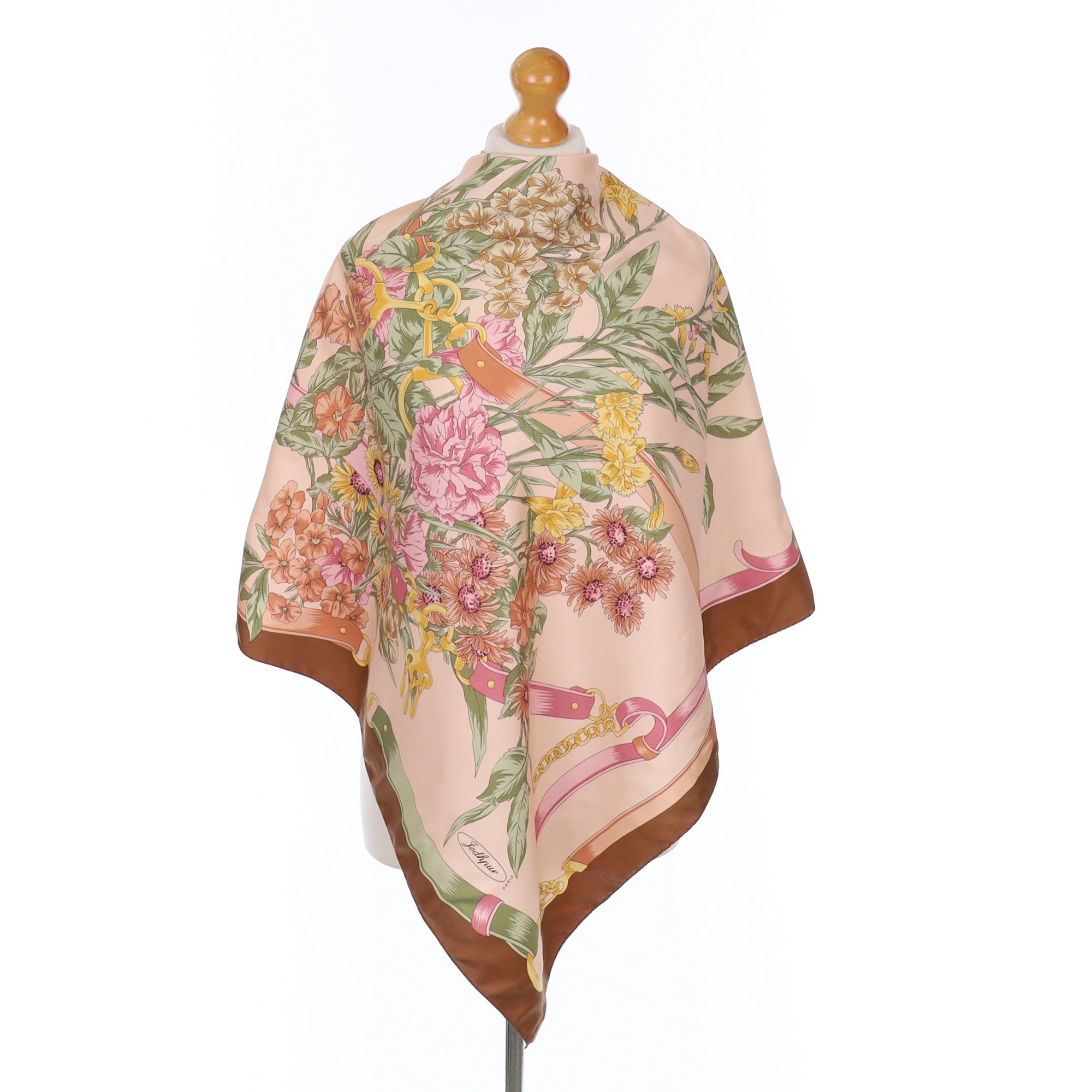 French Equestrian Floral Pink Vintage Silk Scarf