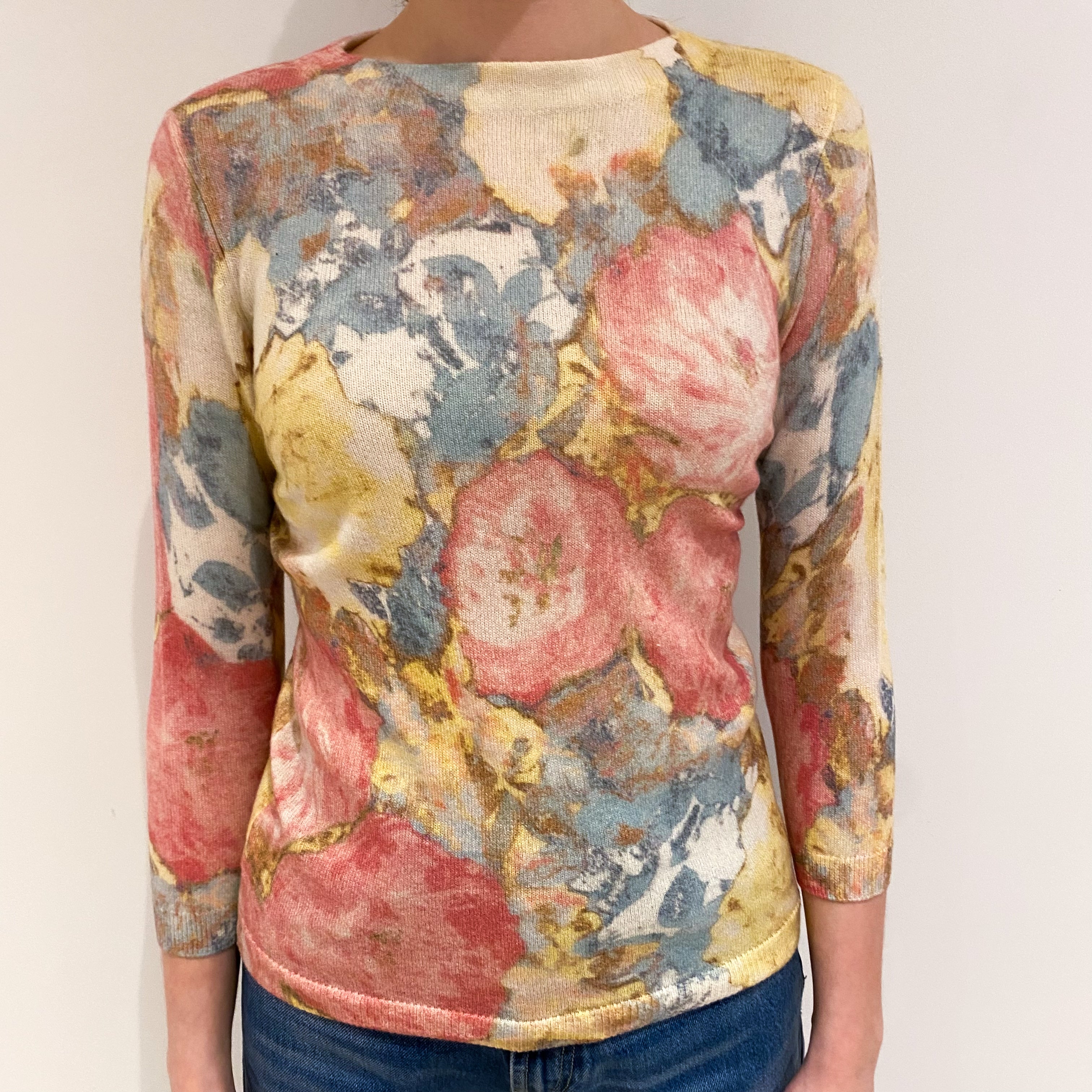 Pink and Blue Floral Cashmere Crew Neck Jumper Extra Small