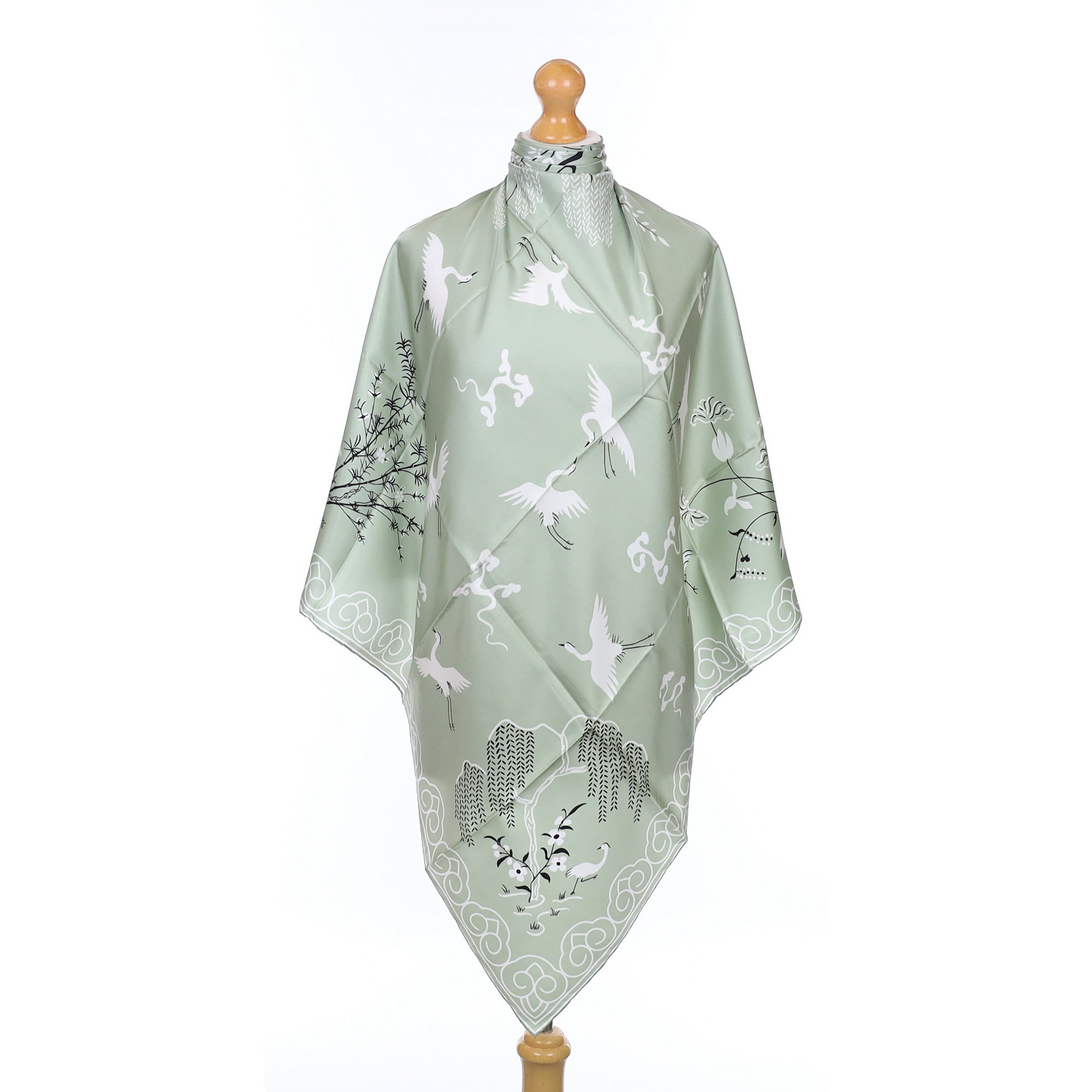 Hazy Green Bird Design Silk Scarf