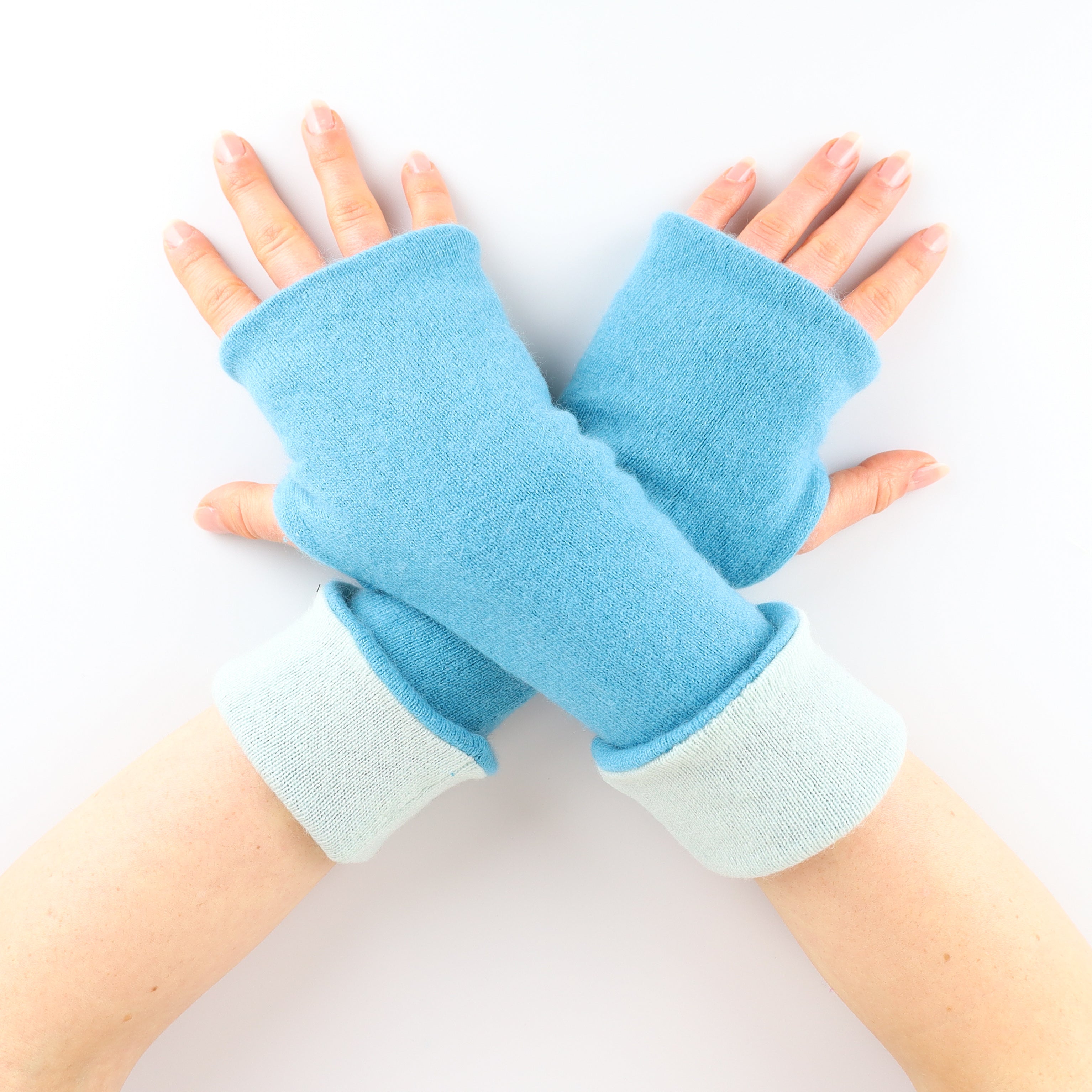 Aquamarine and Pale Mint Reversible Cashmere Fingerless Gloves