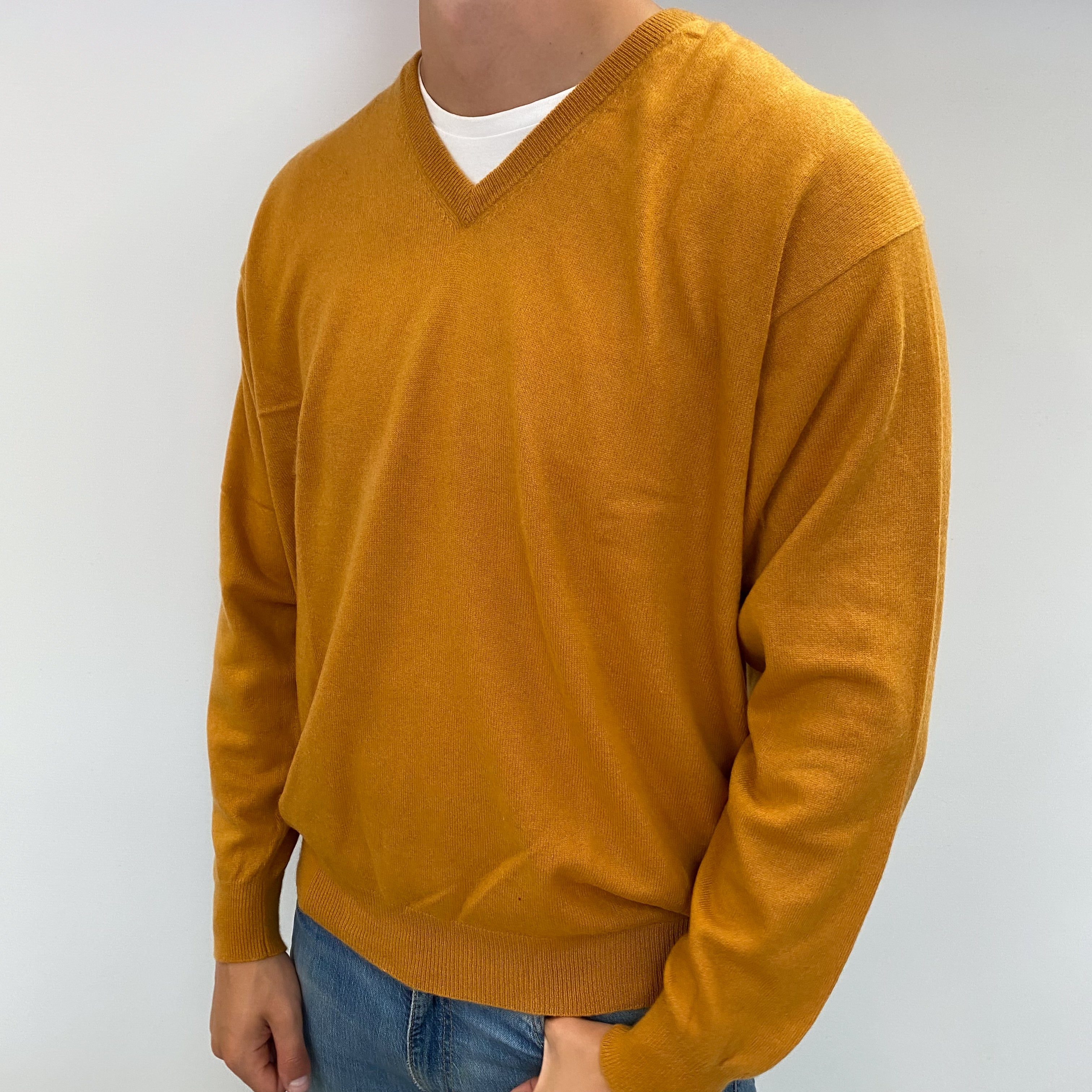 Men's Marigold Yellow Cashmere V Neck Jumper XXL