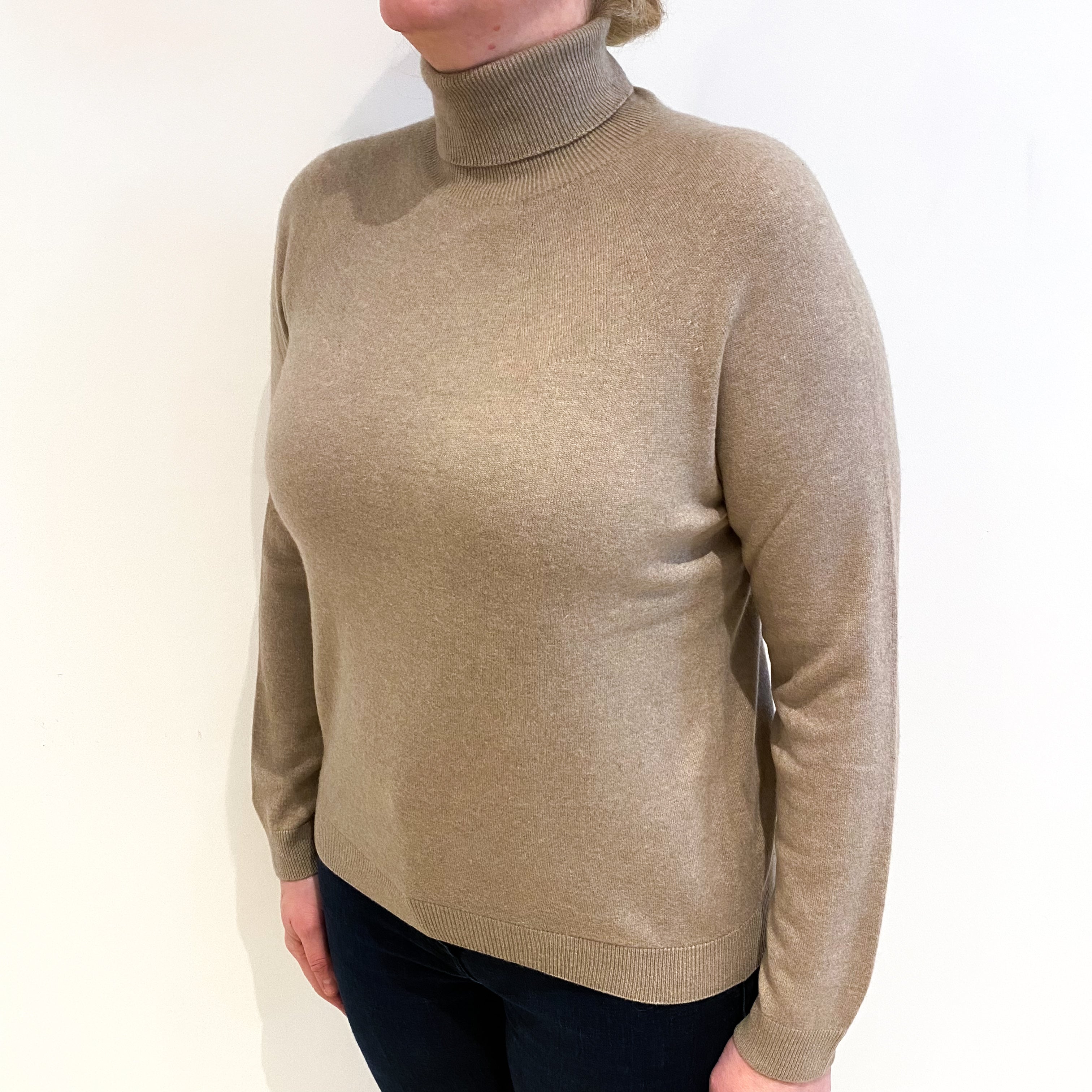 Biscuit Brown Cashmere Polo Neck Jumper Large