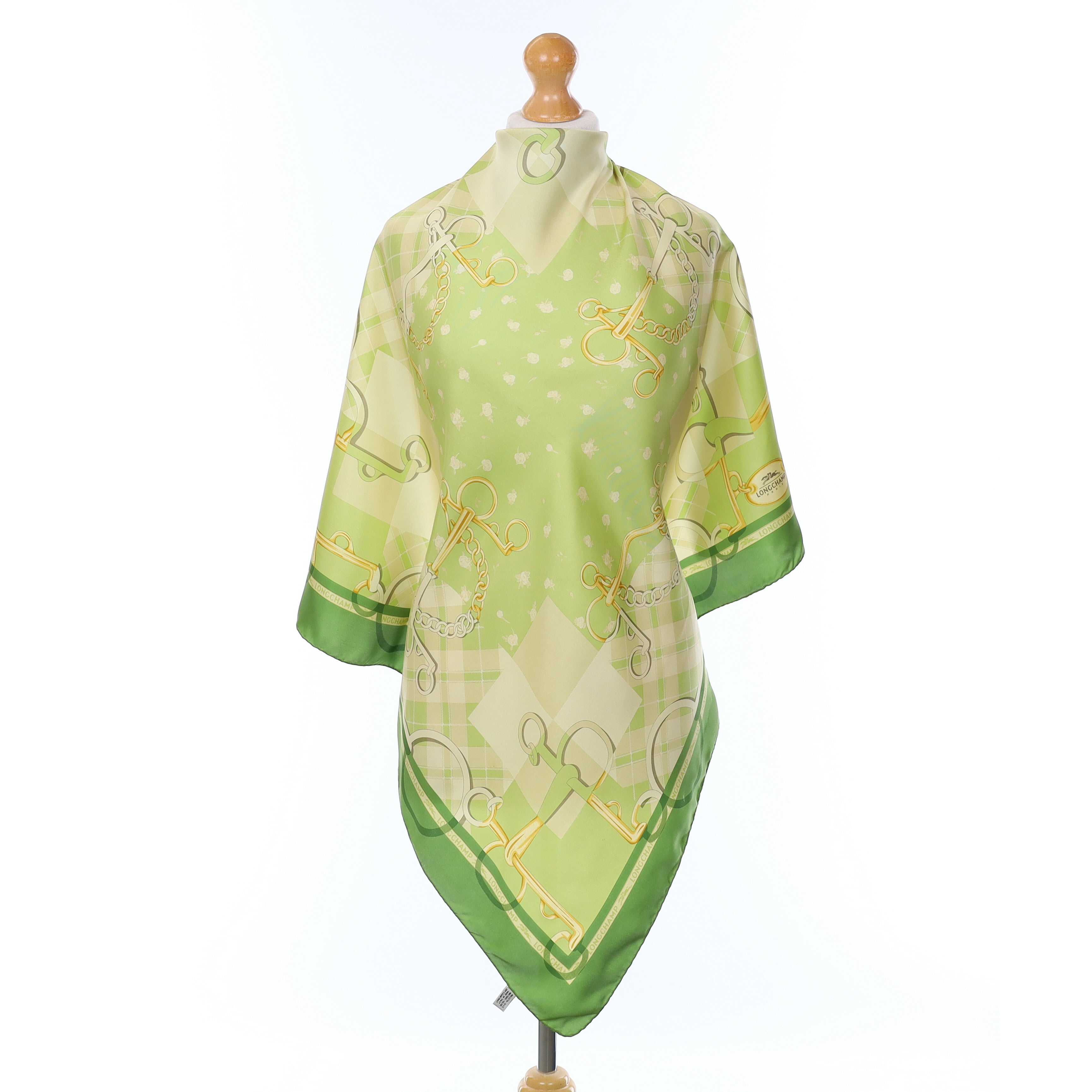 Longchamp Green Equestrian Style Vintage Silk Scarf