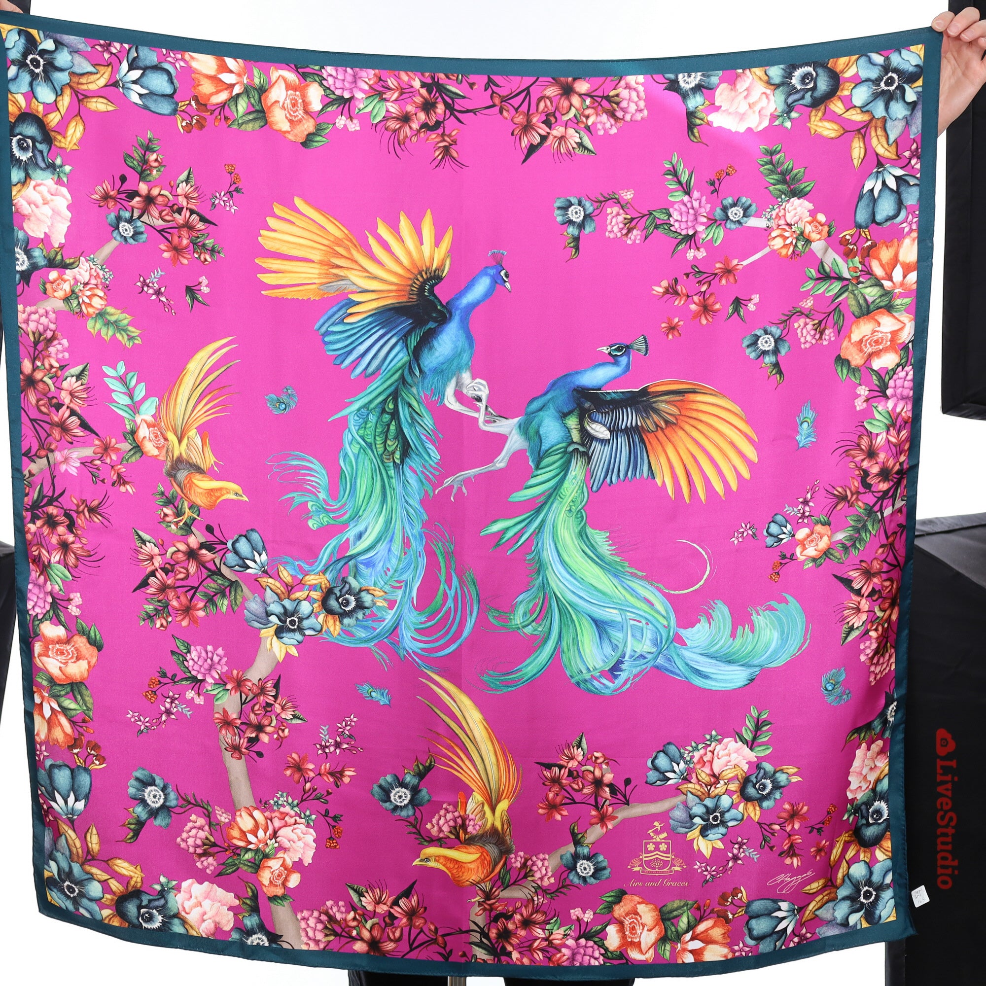 Brand New Clare Haggas Pink Peacock Theme Silk Scarf