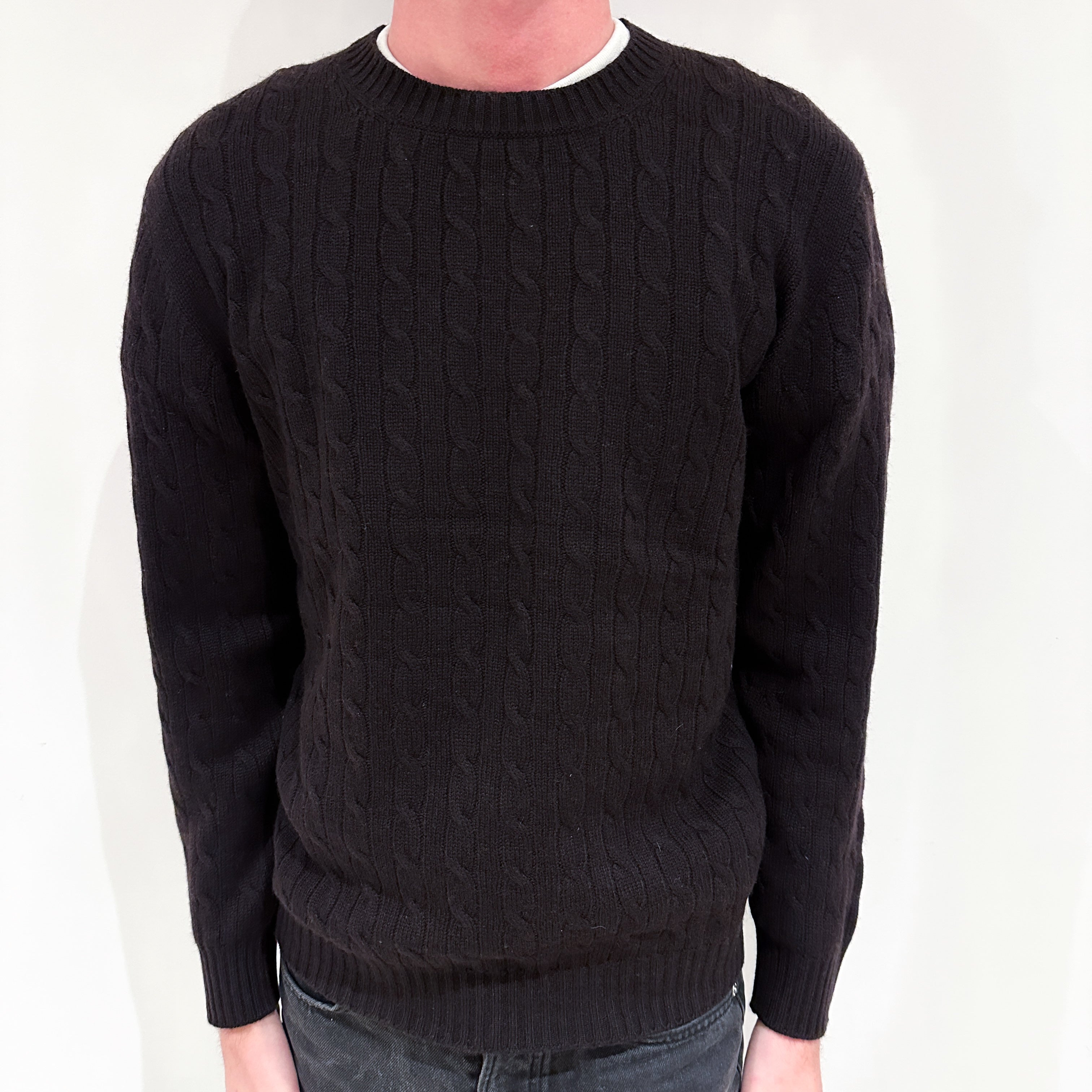 Men's Brand New Scottish Darkest Brown Cable Cashmere Crew Neck Jumper Small