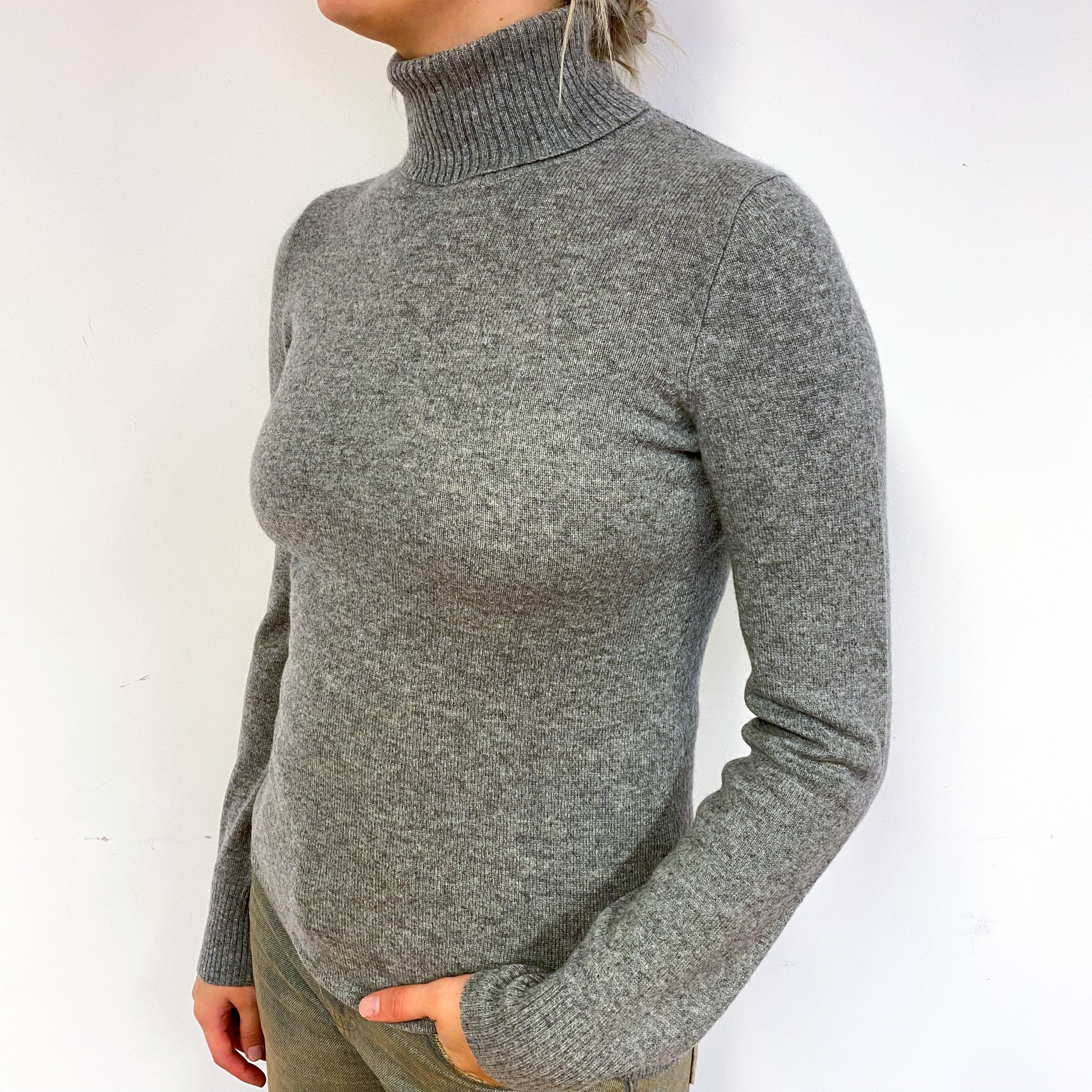 Ash Grey Cashmere Polo Neck Jumper Small