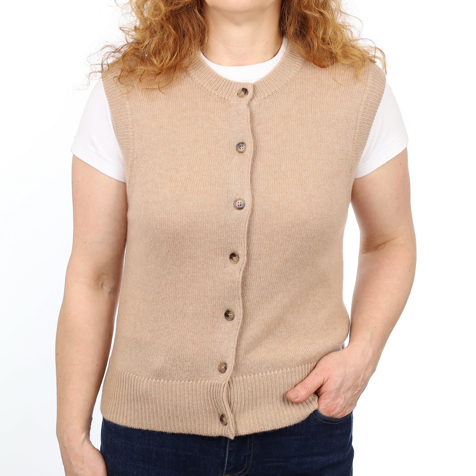 Brand New Caramel Luxury Cashmere Crew Neck Waistcoat Medium UK 12-14