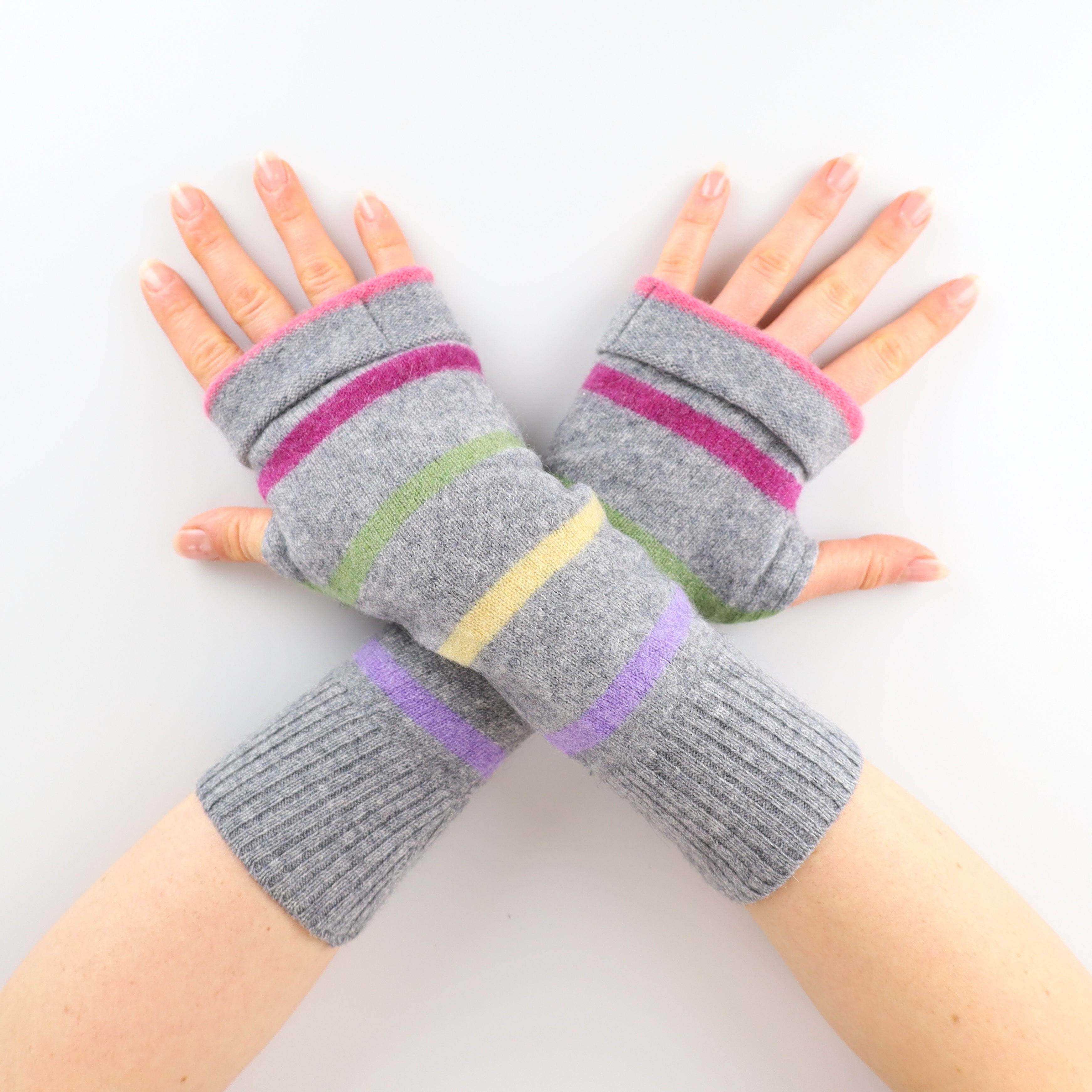 Grey and Multicolour Striped Fingerless Gloves