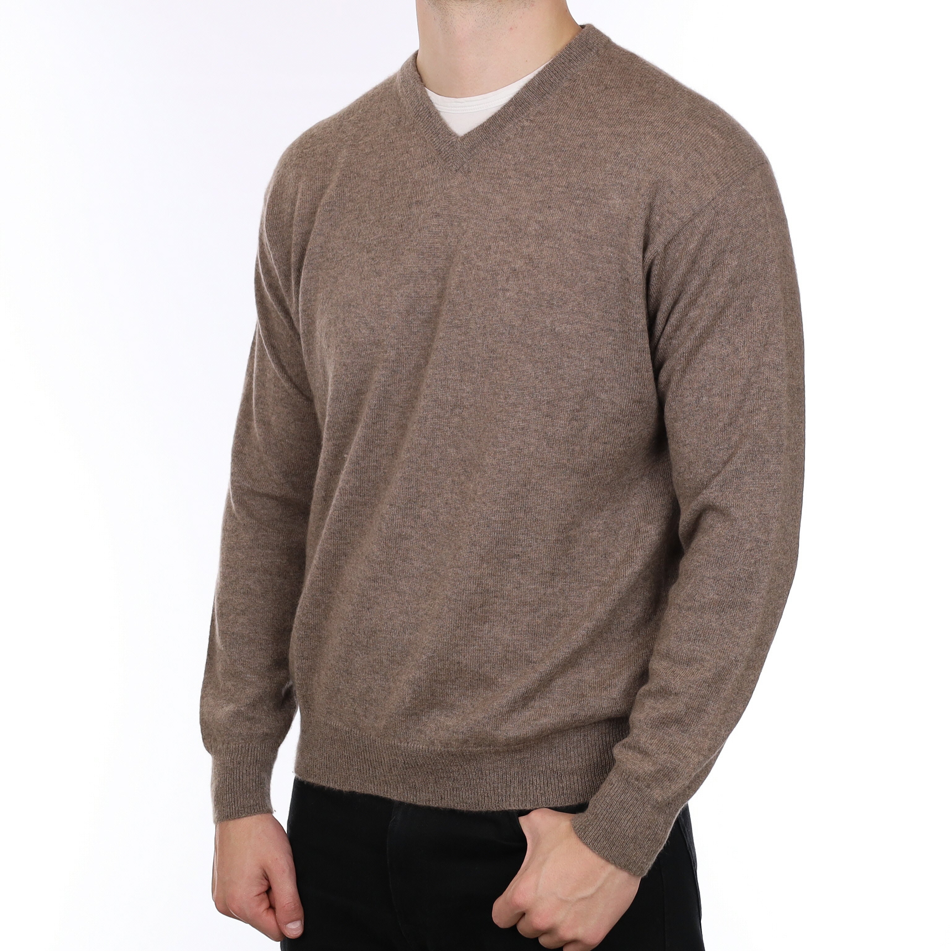 Men’s Mocha Brown Cashmere V Neck Jumper Extra Large