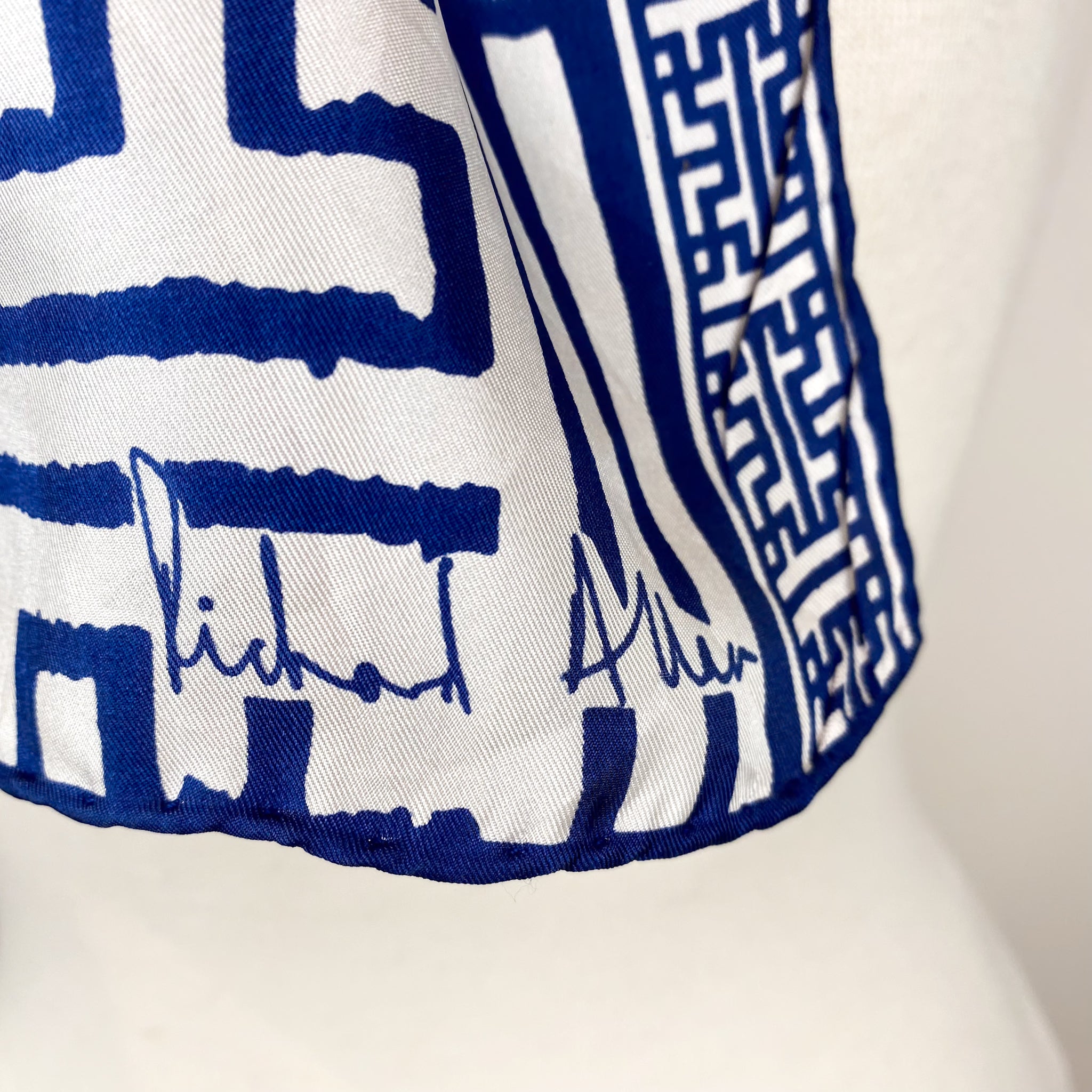 1970s Richard Allan Blue and White Vintage Silk Scarf