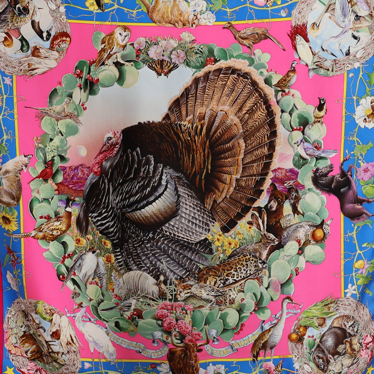 Boxed Hermès Faune et Flore du Texas Silk Scarf Grail