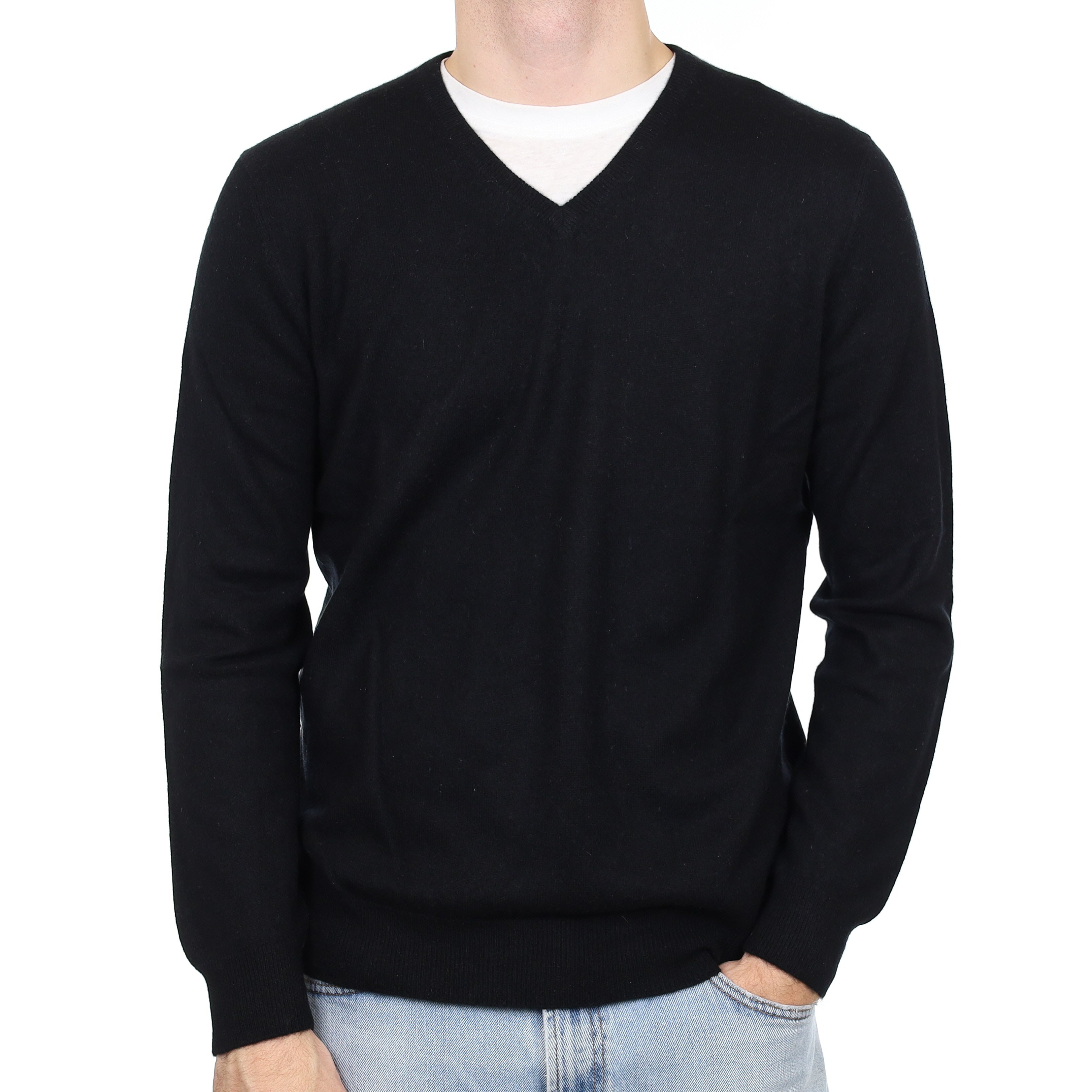 Men's Black Cashmere V Neck Jumper Large