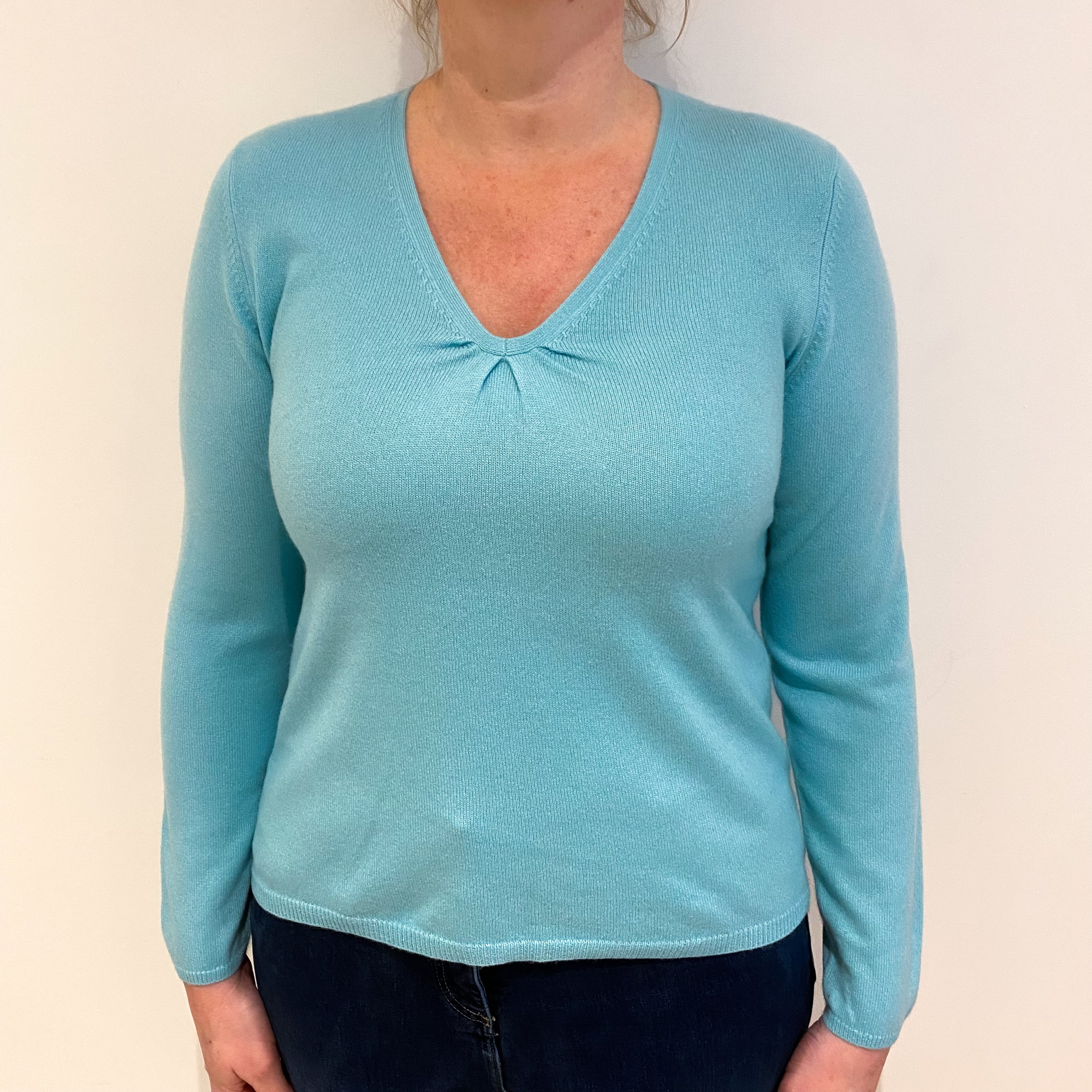 Pale Aqua Blue Cashmere V Neck Jumper Large