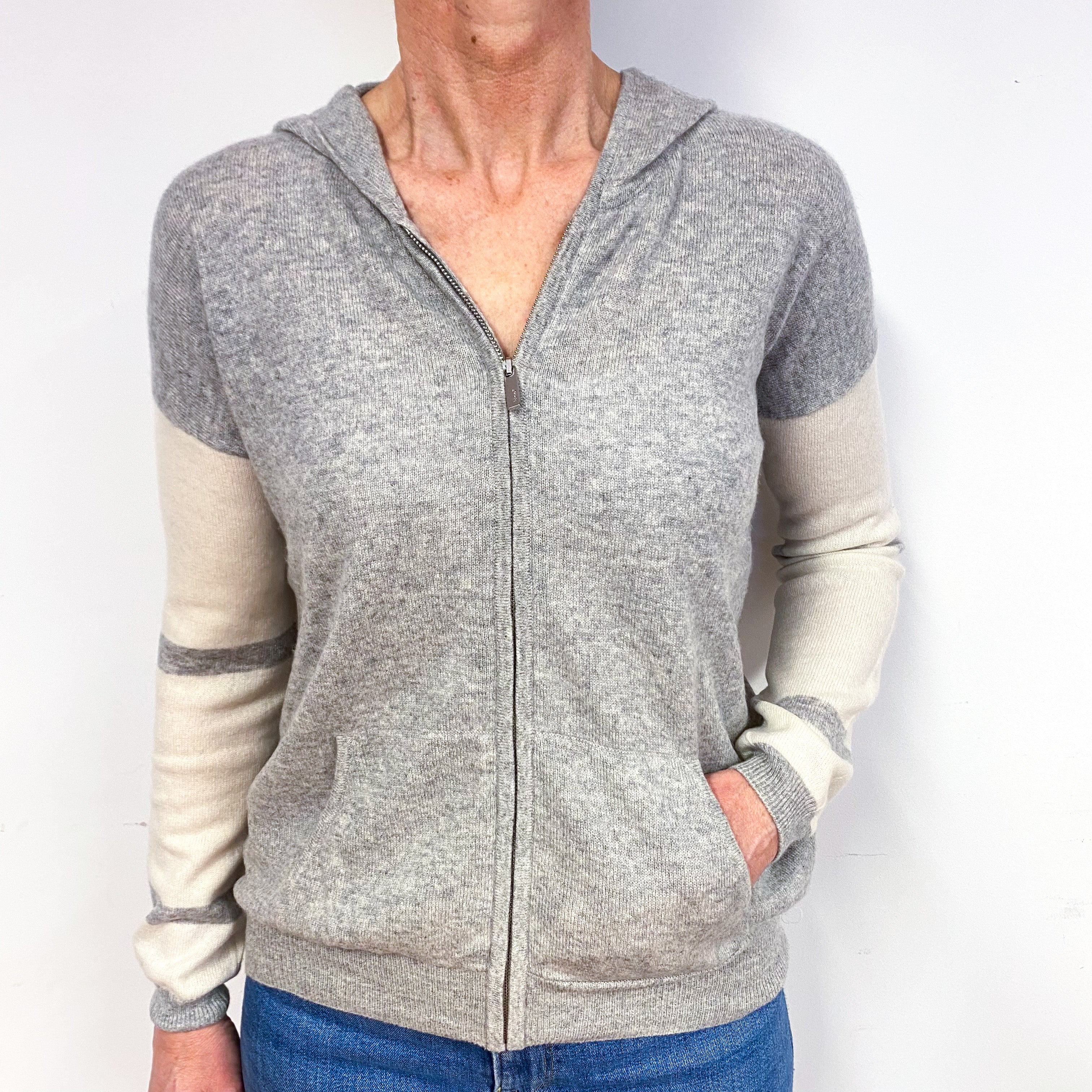 Smoke Grey Cream Sleeve Cashmere Hoodie Cardigan Medium