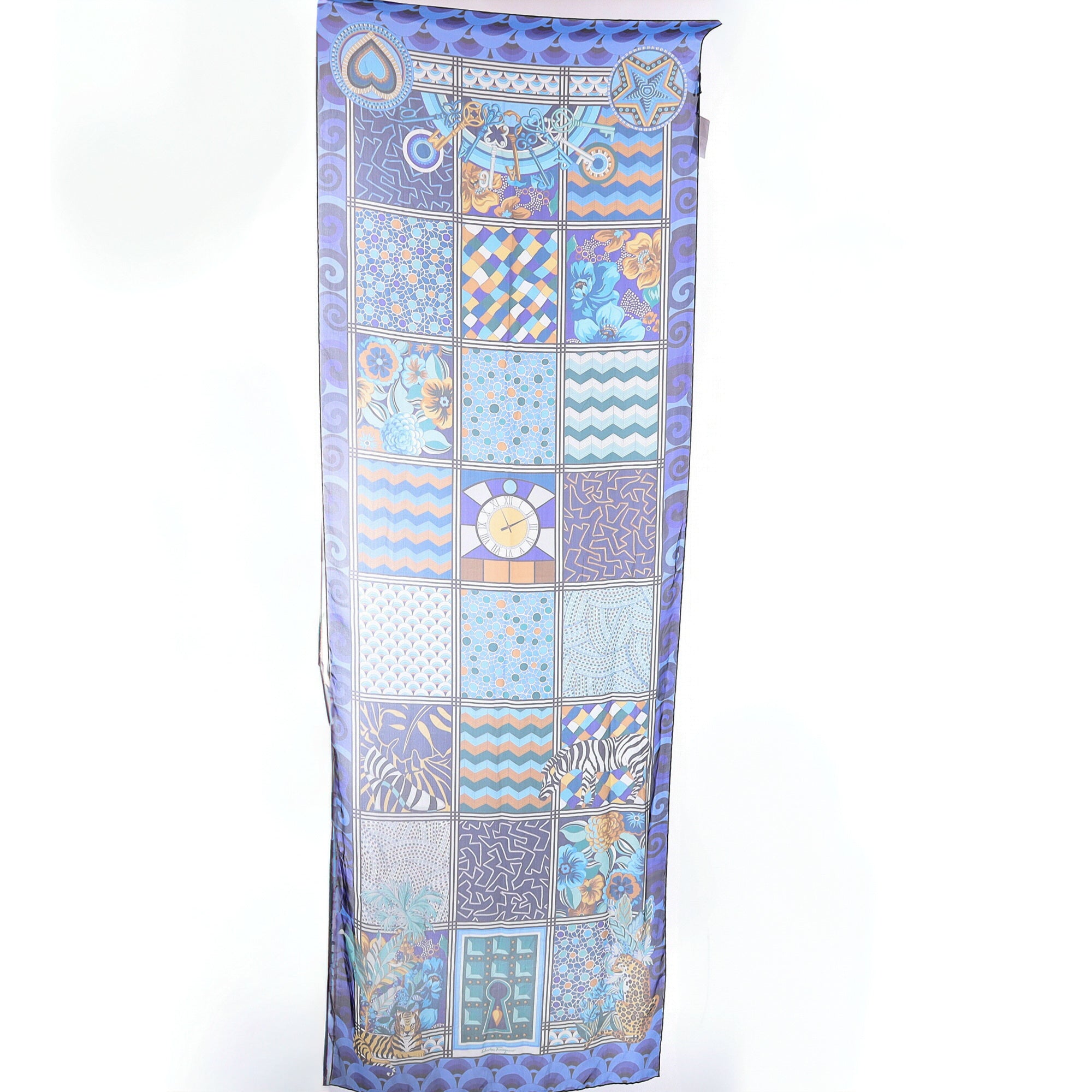 Brand New Salvatore Blue Tile Ferragamo Silk Scarf