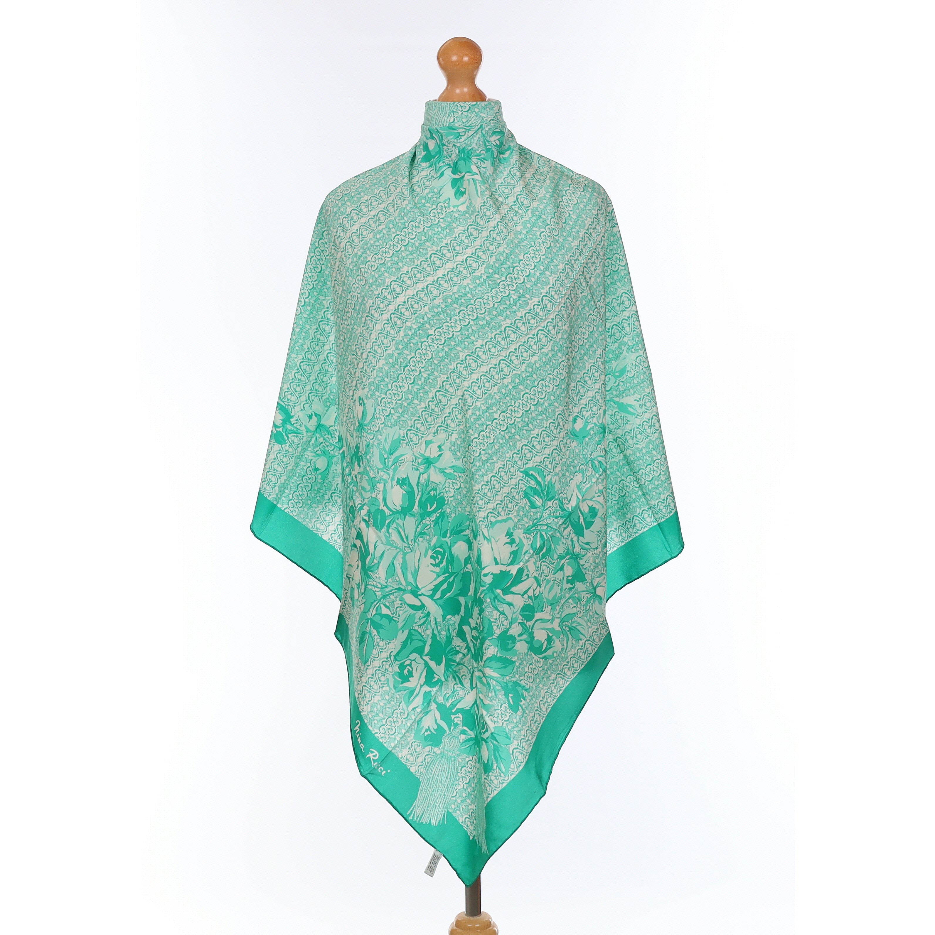 Brand New Boxed Nina Ricci Green Patterned Vintage Silk Scarf