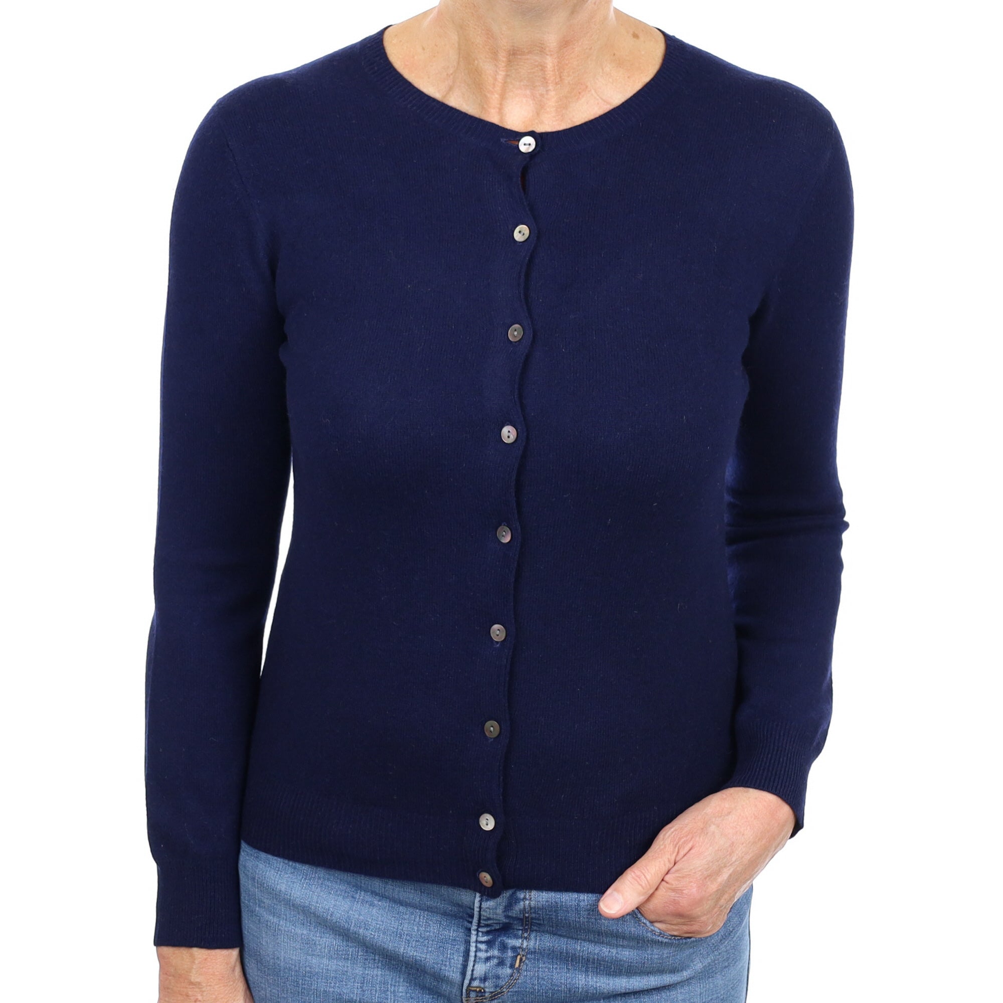 Navy Blue Cashmere Crew Neck Cardigan Medium