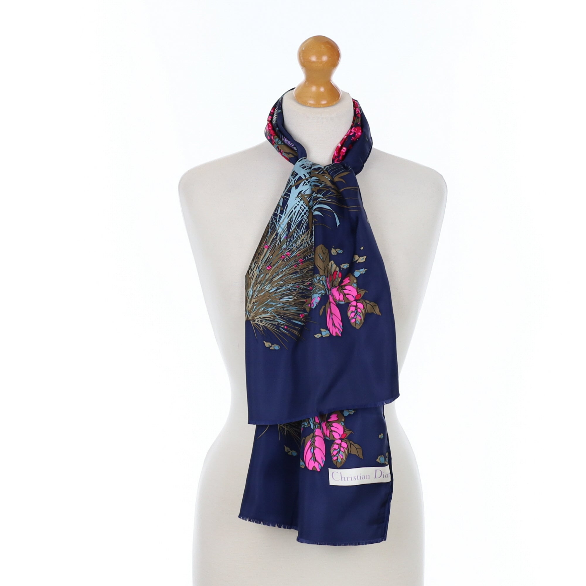 Christian Dior 花柄ストール ネイビーブルー Christian Dior Designer Navy Blue Floral Silk Scarf