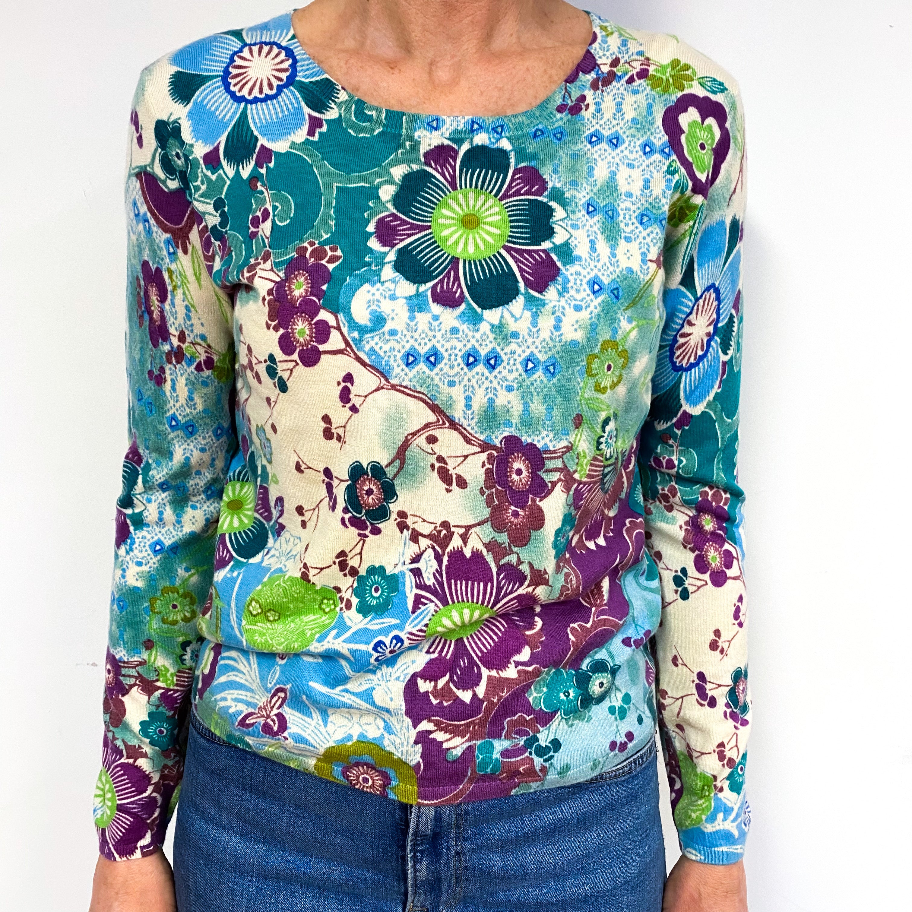Cream And Green Patterned Cashmere Crew Neck Jumper Medium