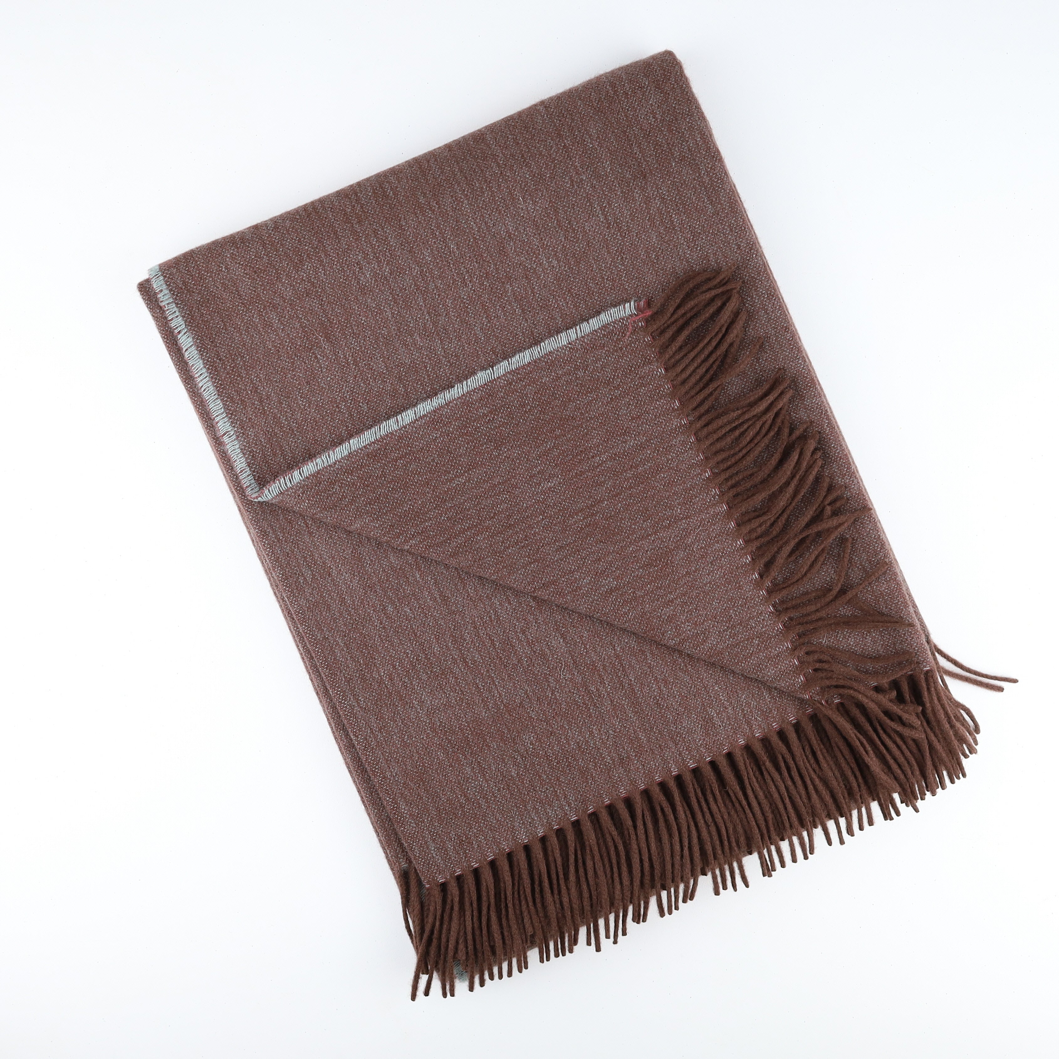 Brand New English Chocolate Duck Egg and Mulberry Marl Luxury Woven Cashmere Blanket