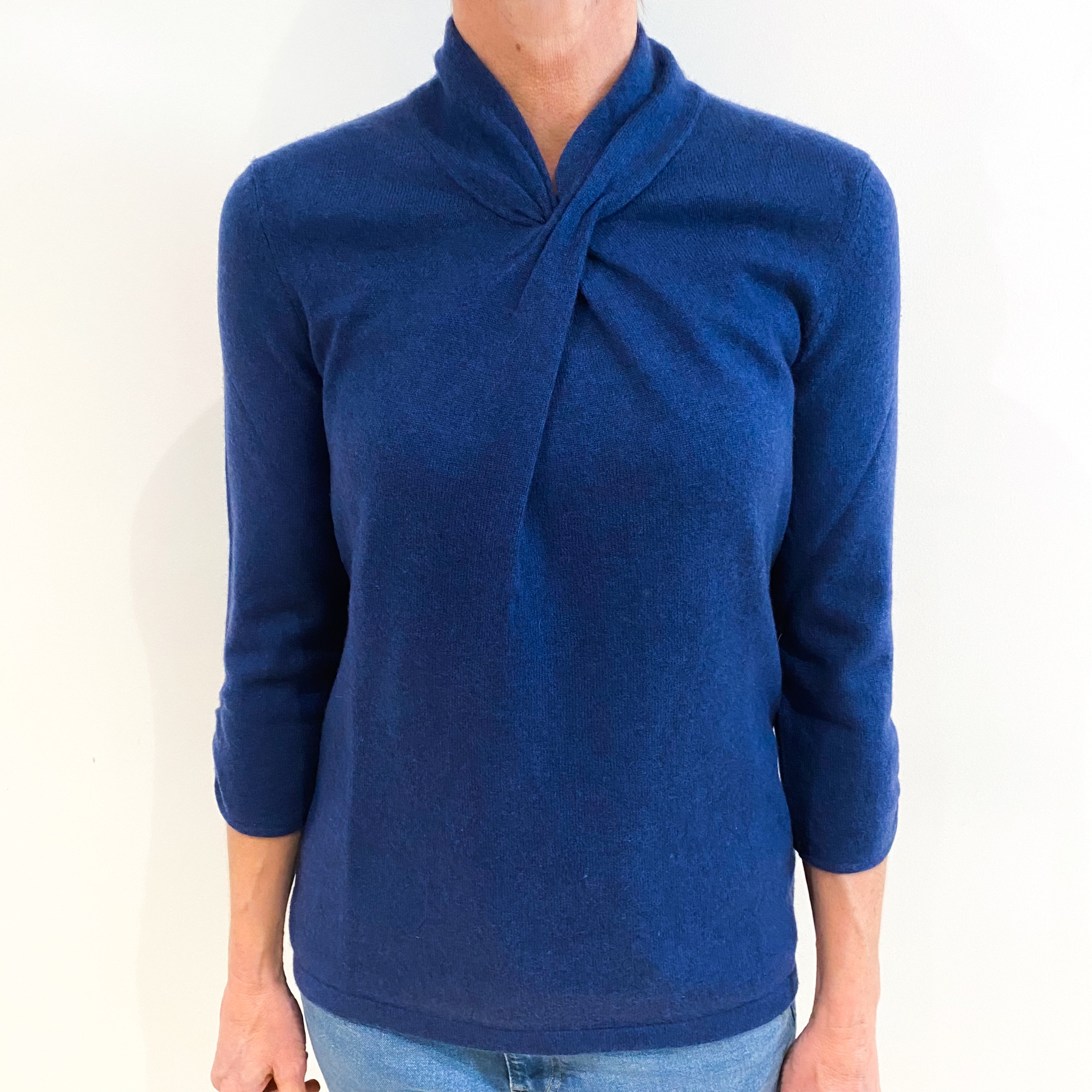 Tanzanite Blue Cashmere Shawl Collar V Neck Jumper Small