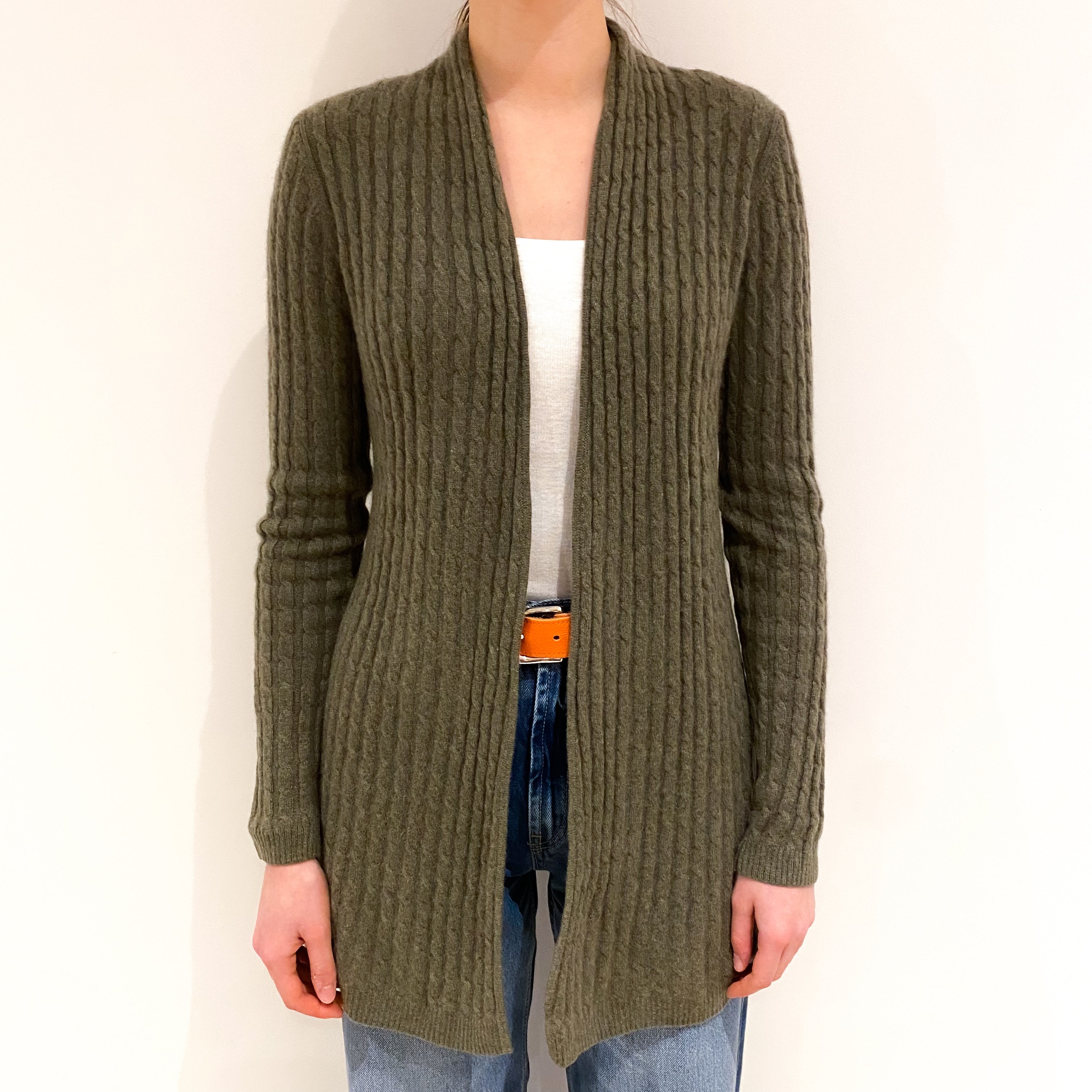 Olive Green Long Cashmere Cardigan Extra Small