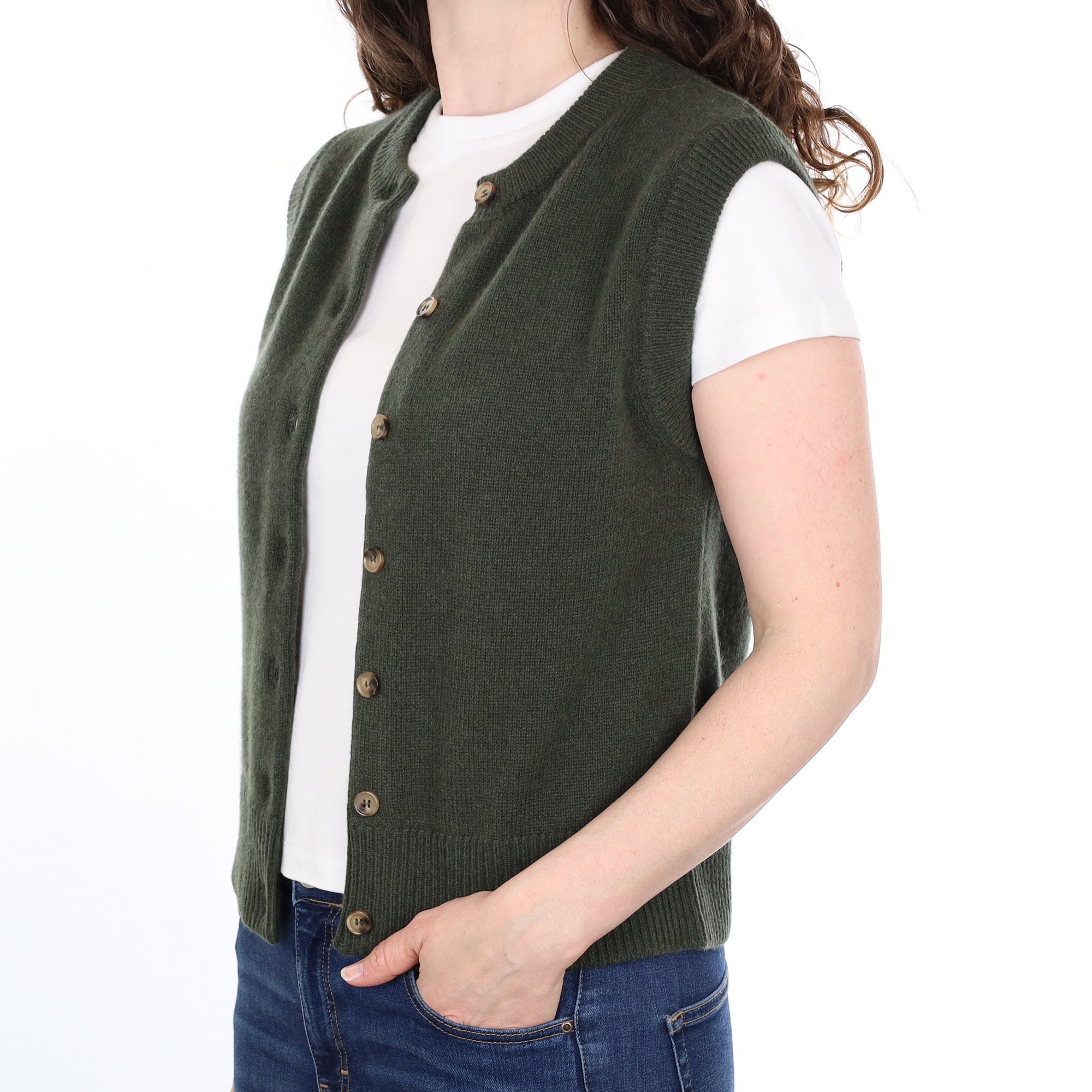 Brand New Khaki Luxury Cashmere Crew Neck Waistcoat Small UK 8-10