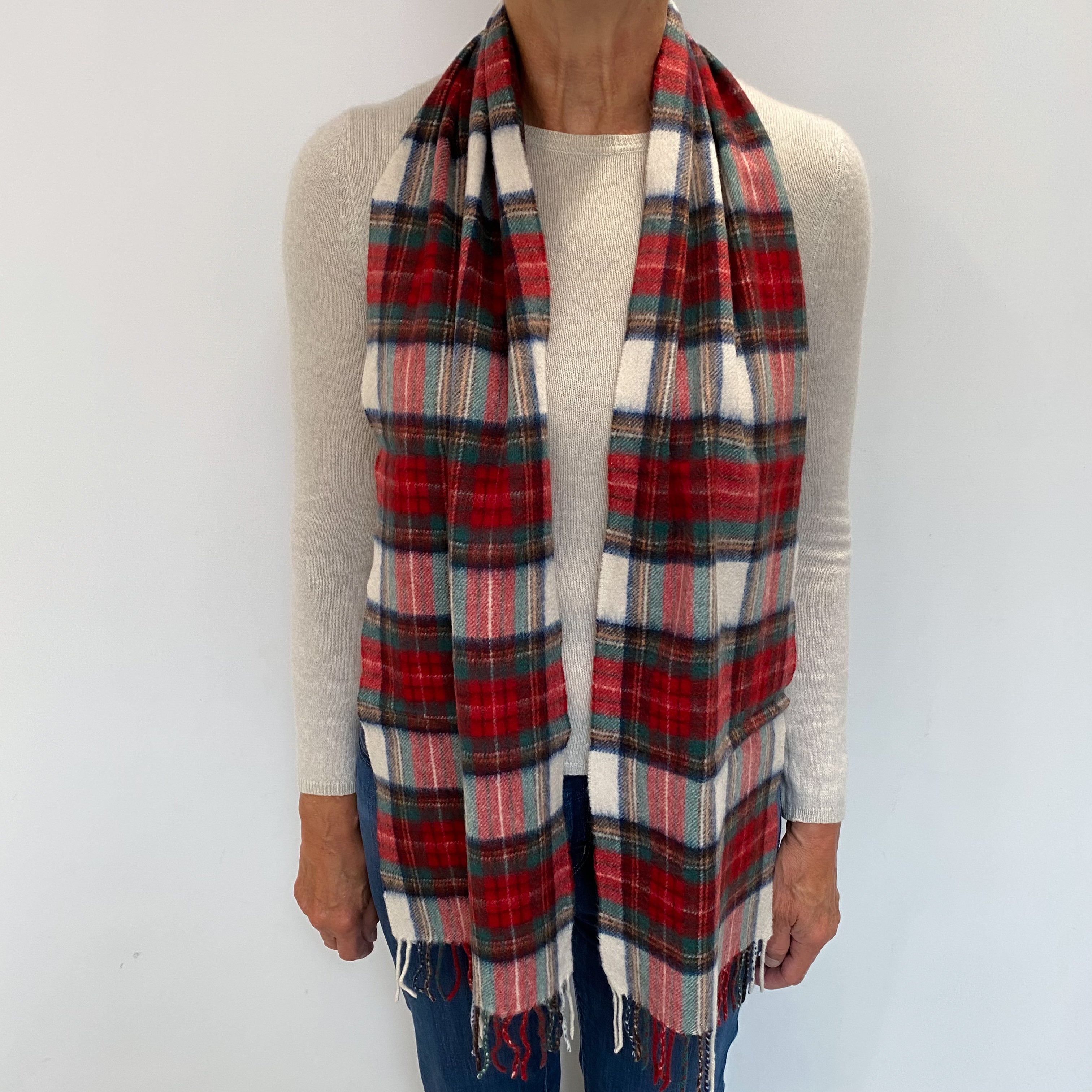 Red Green and Cream Checked Cashmere Woven Fringed Scarf