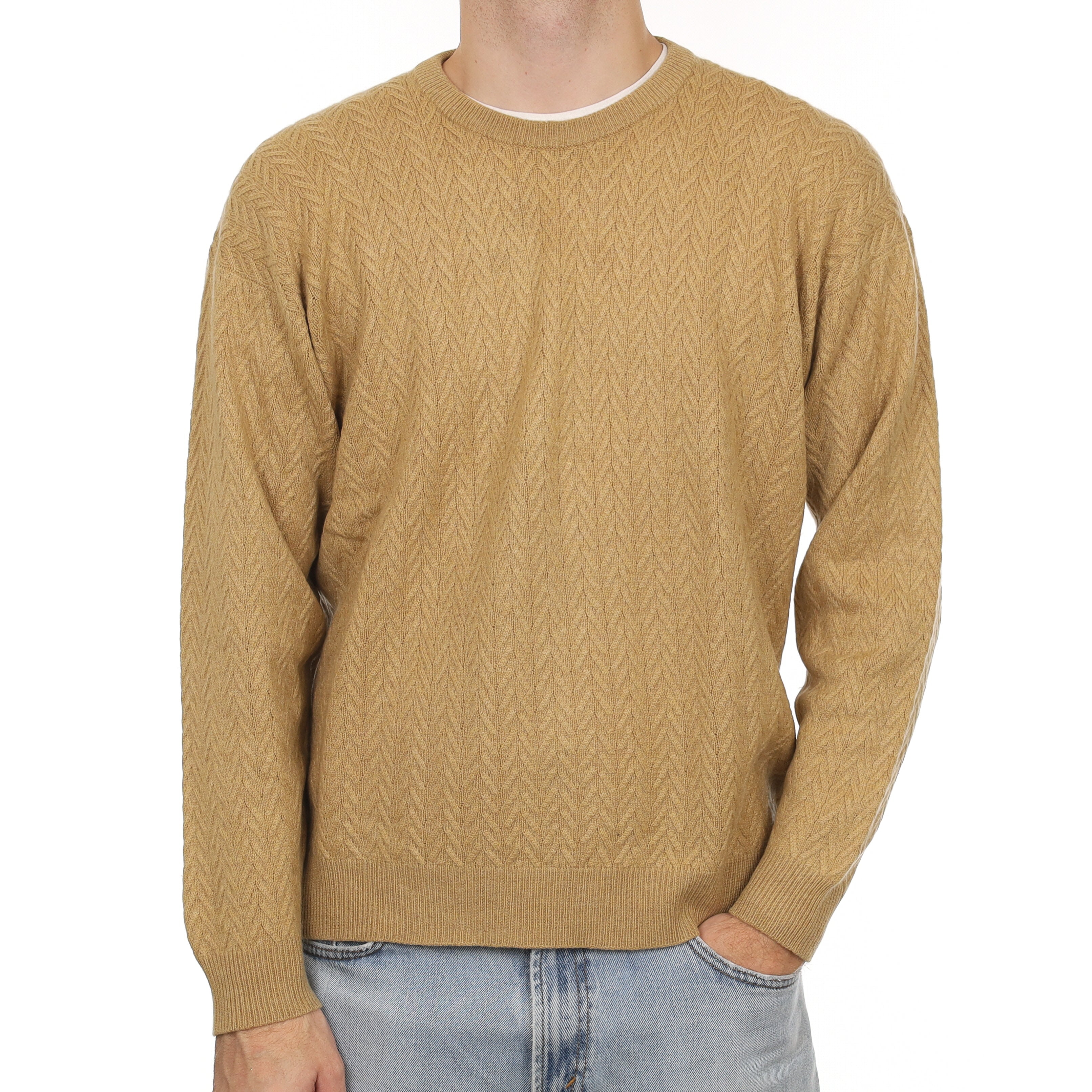 Men's Scottish Caramel Fancy Knit Cashmere Crew Neck Jumper Large