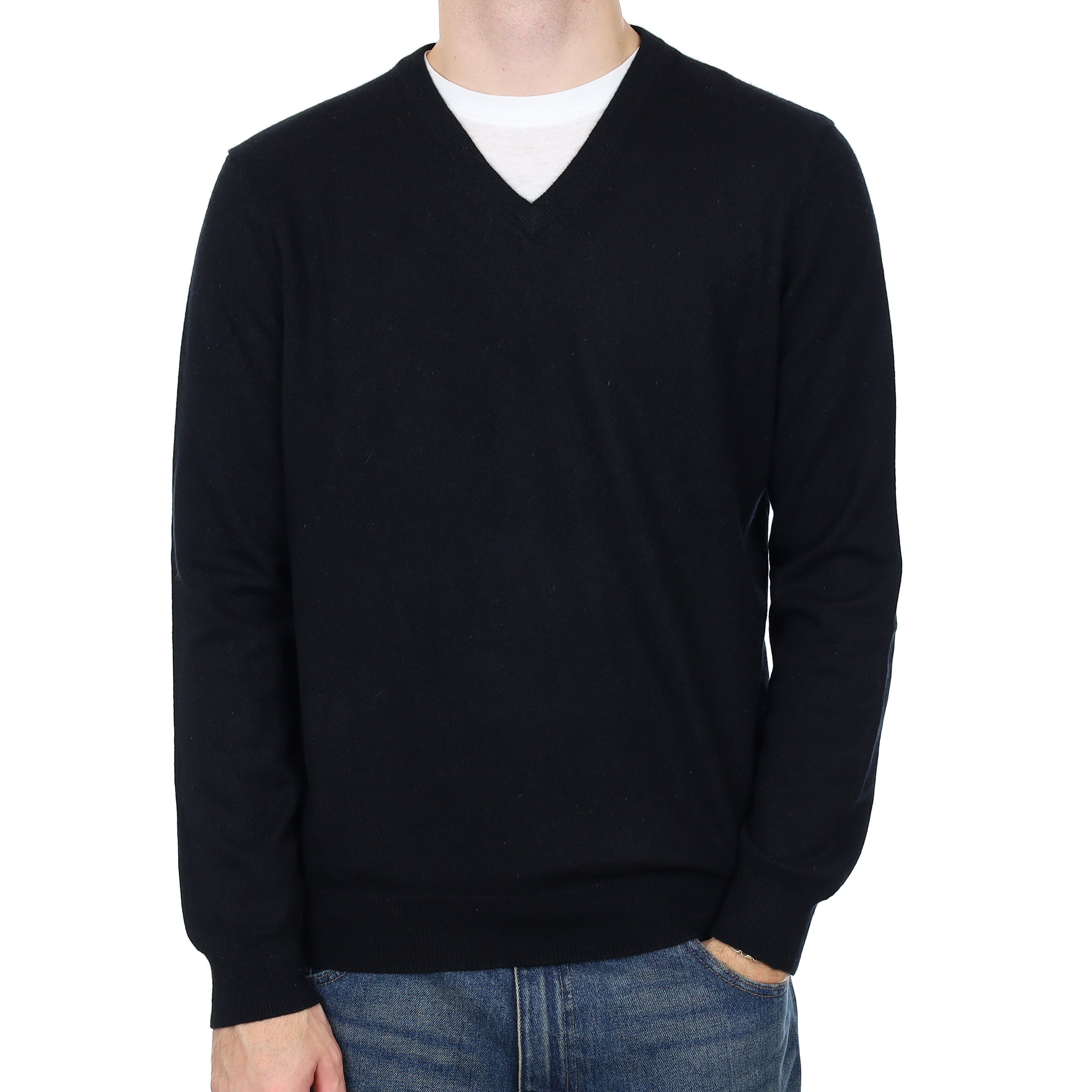 Men’s Black Cashmere V Neck Jumper Large