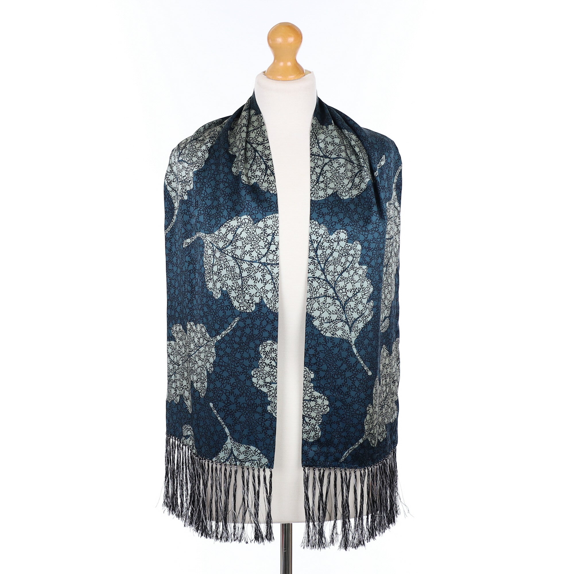 Two Tone Leaf Design Tassled Silk Scarf