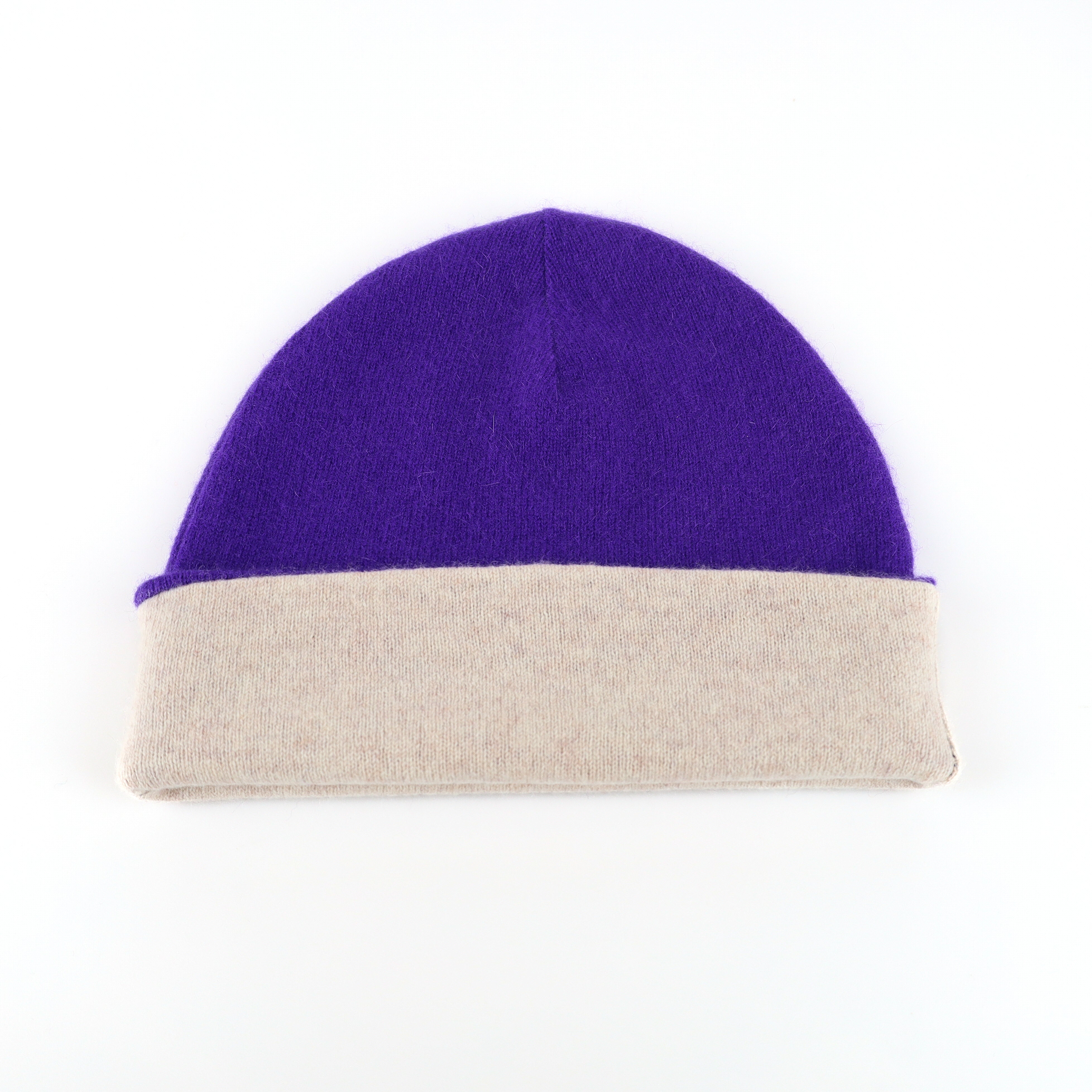 Regal Purple and Oatmeal Reversible Cashmere Beanie Hat