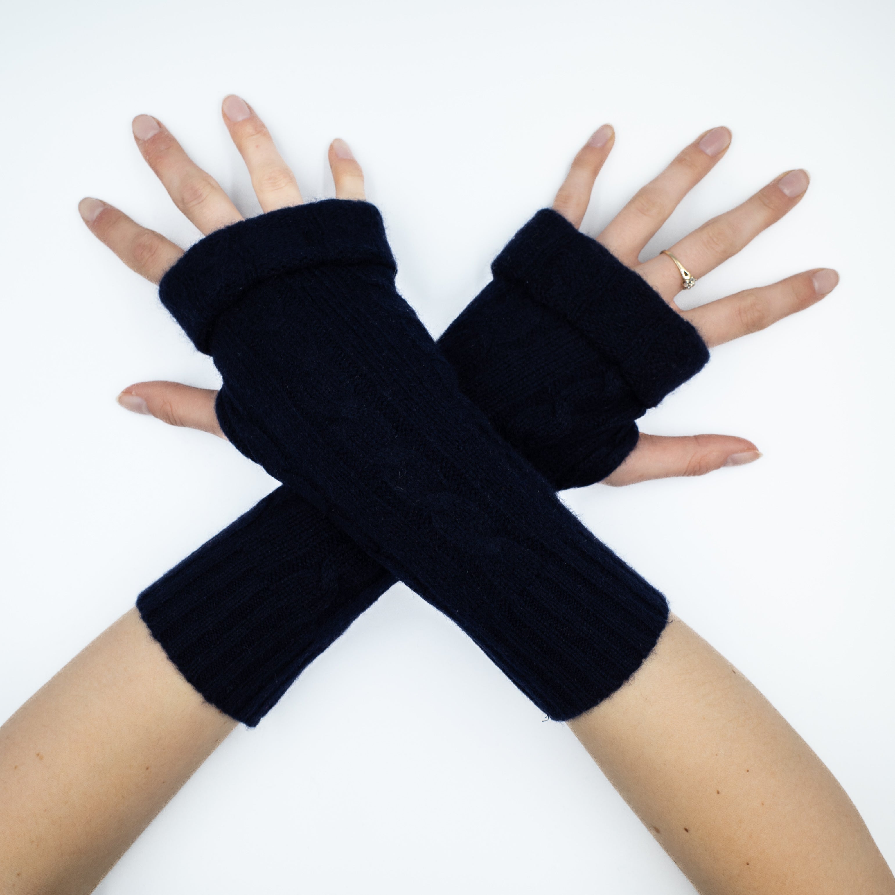 Chunky Navy Blue Cable Fingerless Gloves